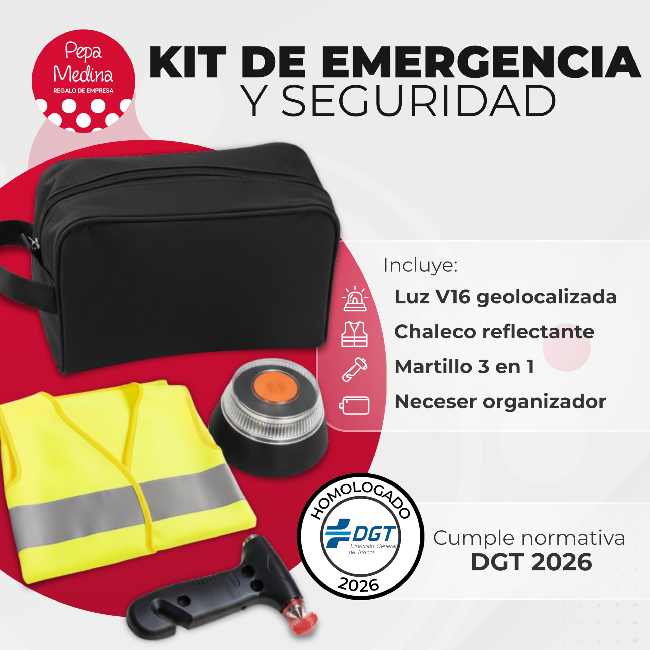 Kit Emergencia y Seguridad para Coche con Luz V16 Geolocalizada Homologada DGT 2026, Chaleco Reflectante, Martillo Multifunción, Cuchilla Cortacinturones, Linterna LED y Neceser Compacto