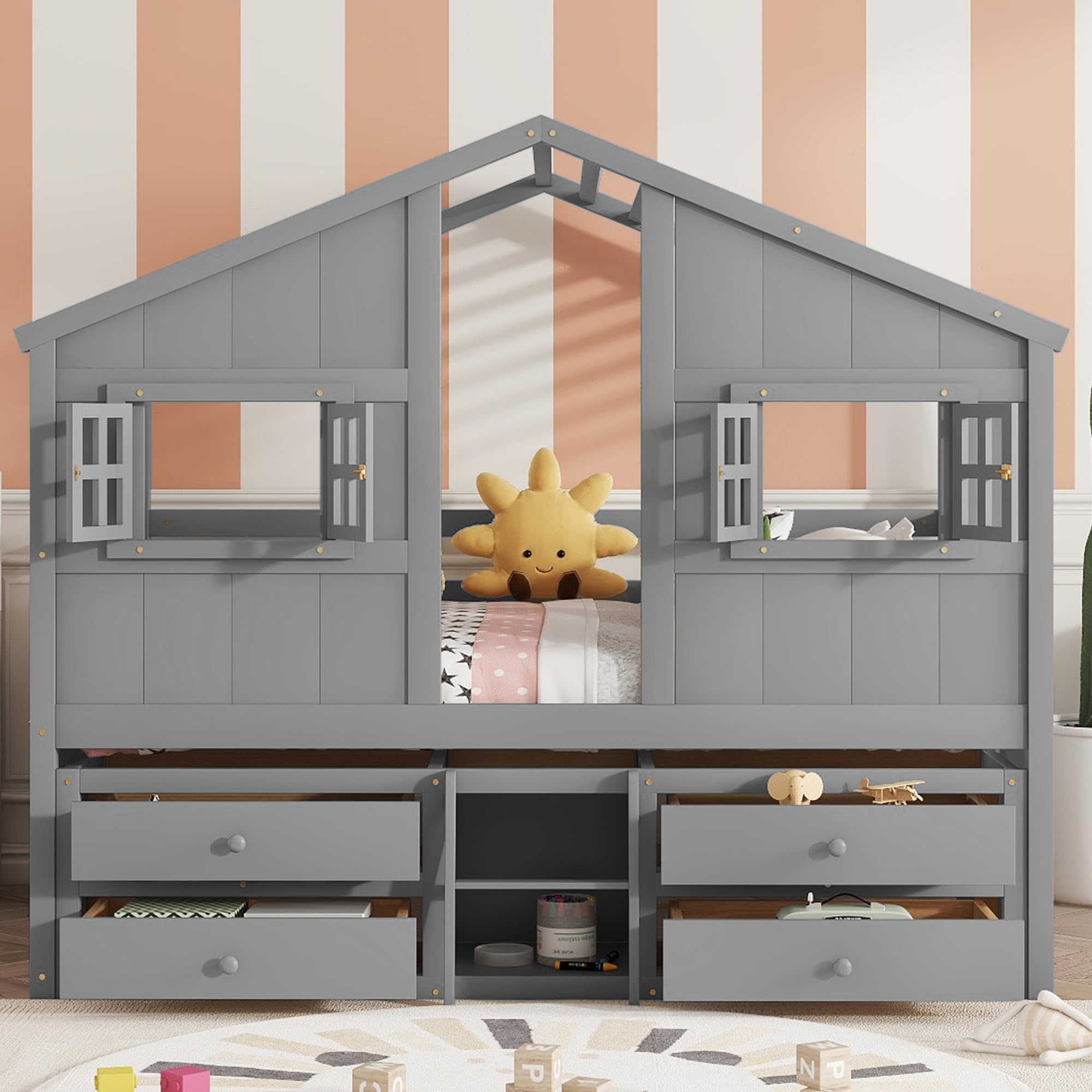 RuiSiSi Full Size House Loft Bed with 4 Storage Drawers, Roof, Windows, Pine Wooden House Bed with Ladder, Grey