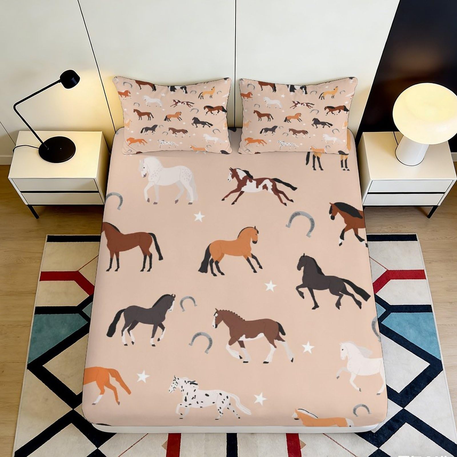 3D Printed Horse Pattern Fitted Sheet Microfiber Soft Non-Slip Mattress Cover for Bedroom Guest Room Dorm Decor 120x200cm 180x200x25cm