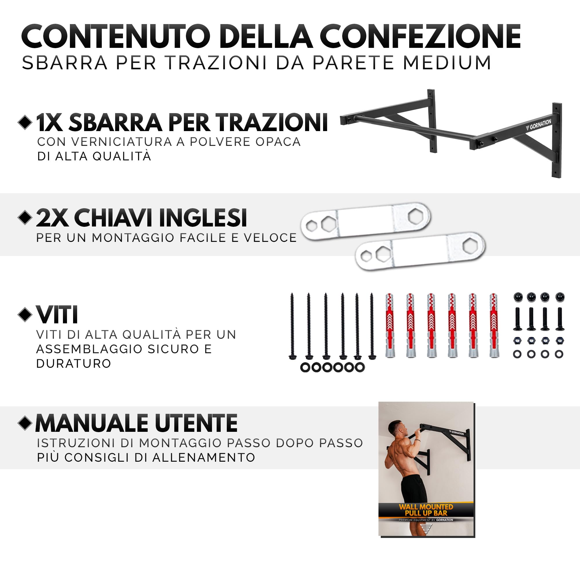 GORNATION Sbarra per Trazioni da Muro, Barra da Parete per Pull Up, Chin Up, Muscle Up e Addominali, Sbarra per Allenamento a Casa, Pull Up Bar Antiscivolo per Home Workout
