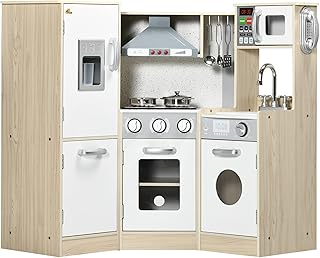 Qaba Ultra-Big Corner Kids Kitchen Playset with Sound Effects, Wooden Play Kitchen with Stainless Steel Cooking Toys, Imaginative Pretend Toy for Ages 3-6 with Phone, Ice Maker