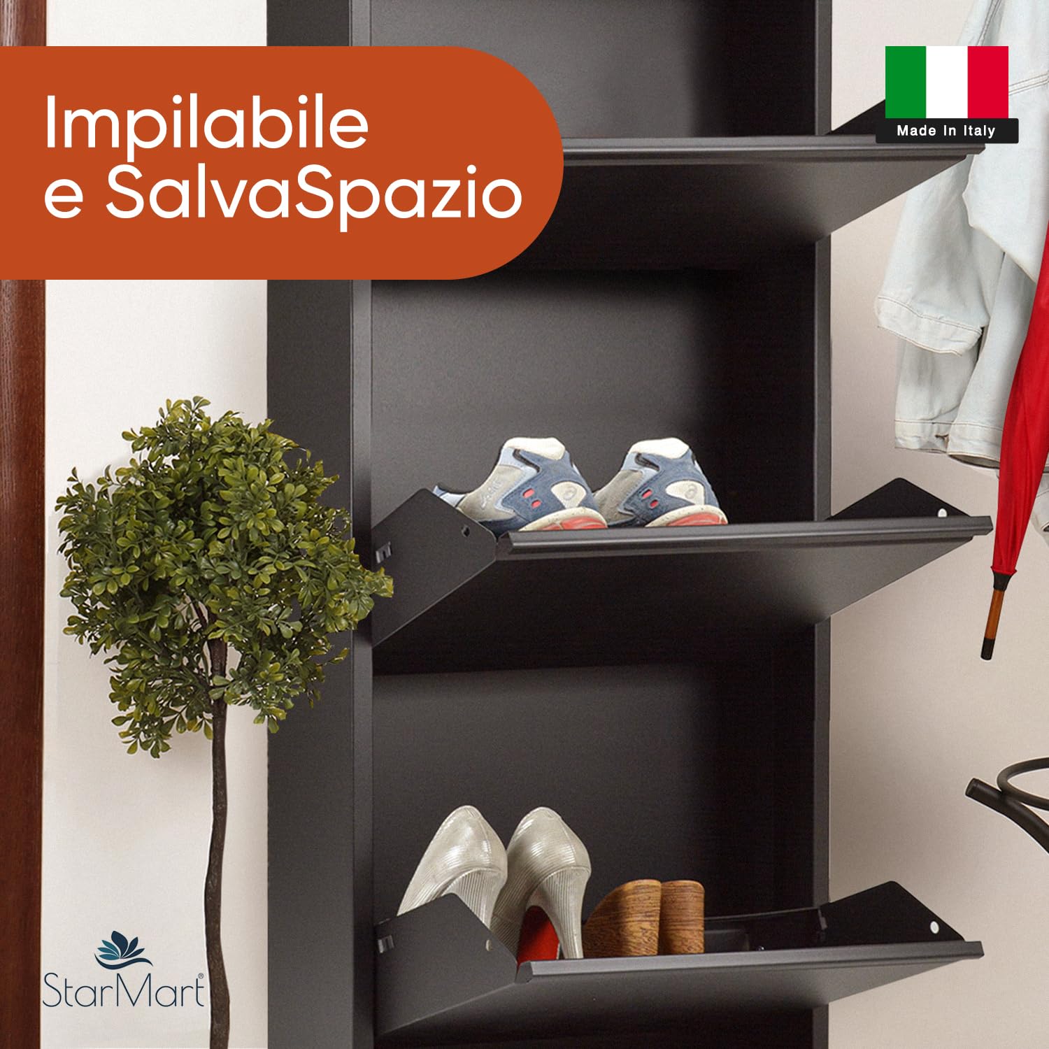 StarMart Scarpiera Salvaspazio Slim NERA (3 Ante 9 Paia, Nessun Montaggio) Struttura in Metallo resistente (no plastica, tessuto, or legno), per Interni/Esterni, Scarpe/Stivali, Garanzia 15 Anni
