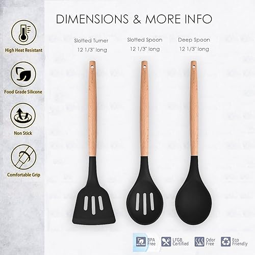 Miniatura 2 de Juego de 3 utensilios de cocina de silicona, espátulaespátula, cucharas con mango de madera, resistentes al calor, utensilios de cocina