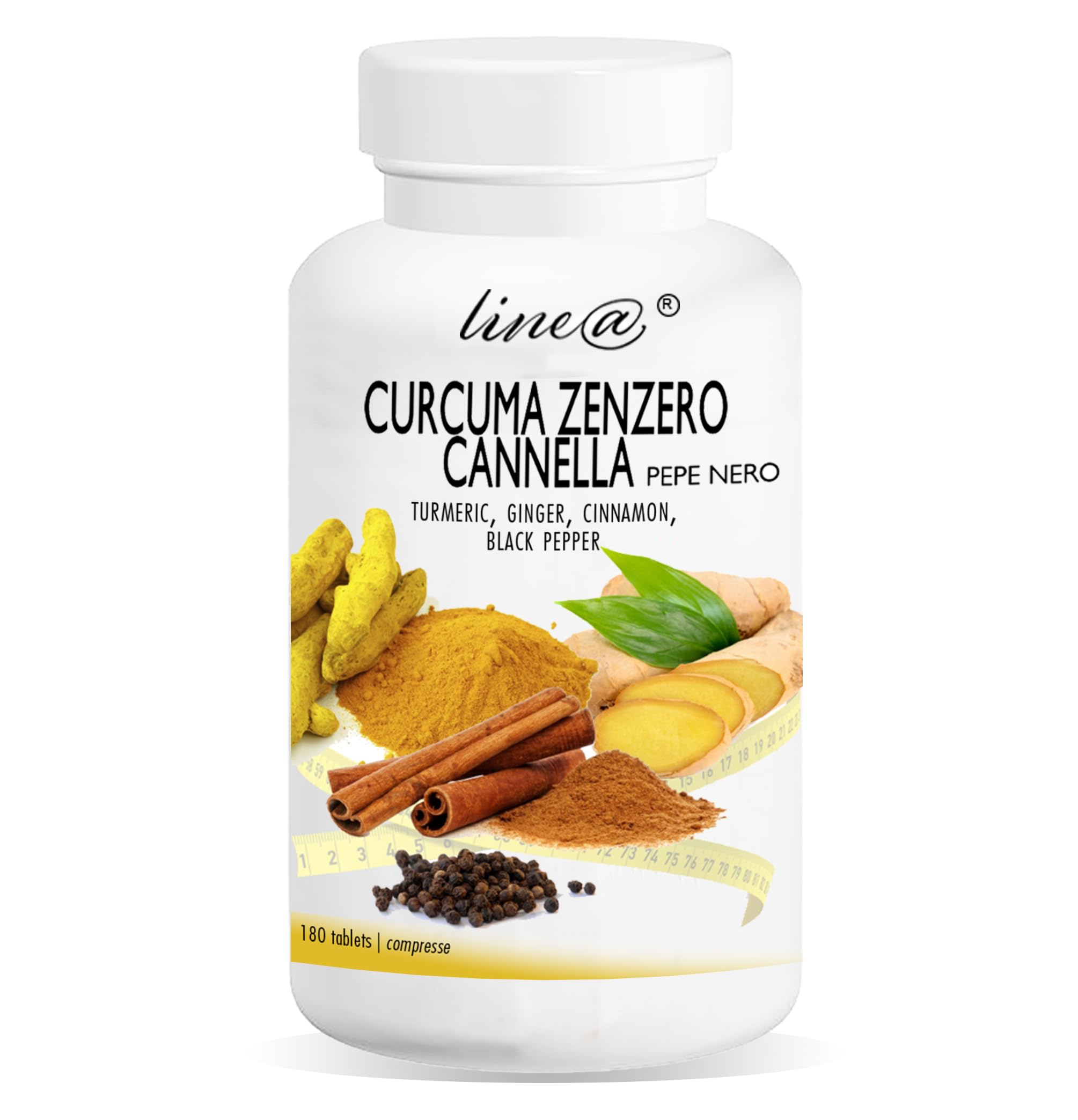 CURCUMA ZENZERO CANNELLA e pepe nero Line@ | Aiuta a mantenere una normale digestione, antiossidante, mantiene una normale funzione articolare ed elimina il gonfiore (180 compresse)