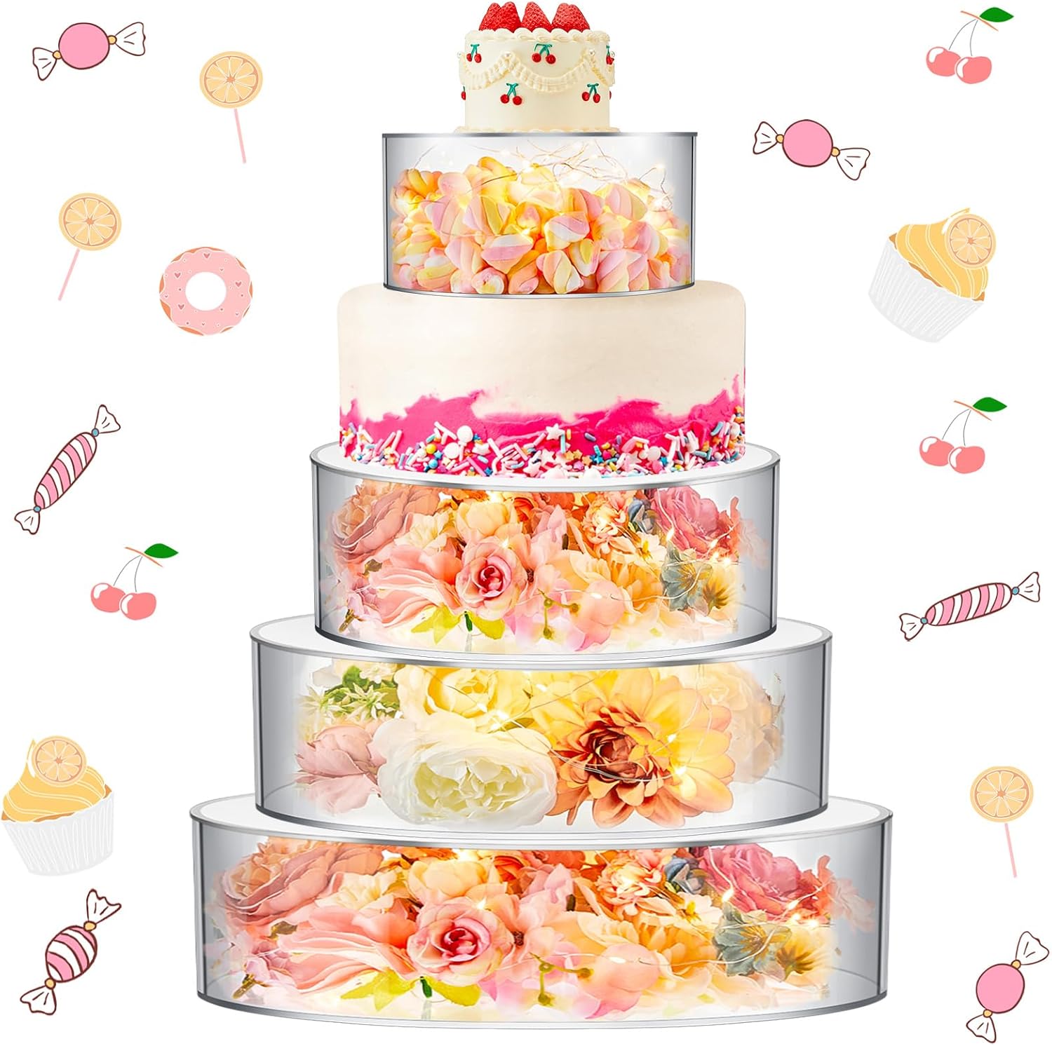 Domensi 4 Pcs Cake Stands for Dessert Table Acrylic Cylinder Wedding Cake Stand Clear Fillable Cake Riser Decorative Cupcake Cake Tier with LED Strings for Wedding Birthday Display (8" 10" 12'' 14'')