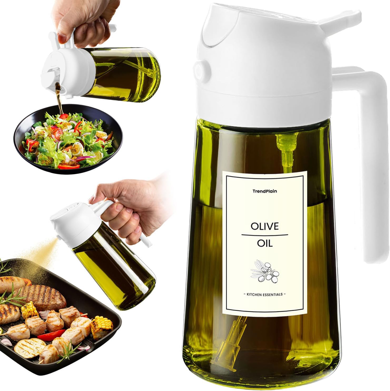 TrendPlain 470ml Olive Oil Spray Bottle - 2 in 1 Olive Oil Dispenser Bottle for Kitchen Accessories - Kitchen Gadgets, For Air Fryer - with Stickers, Light Blocking - White