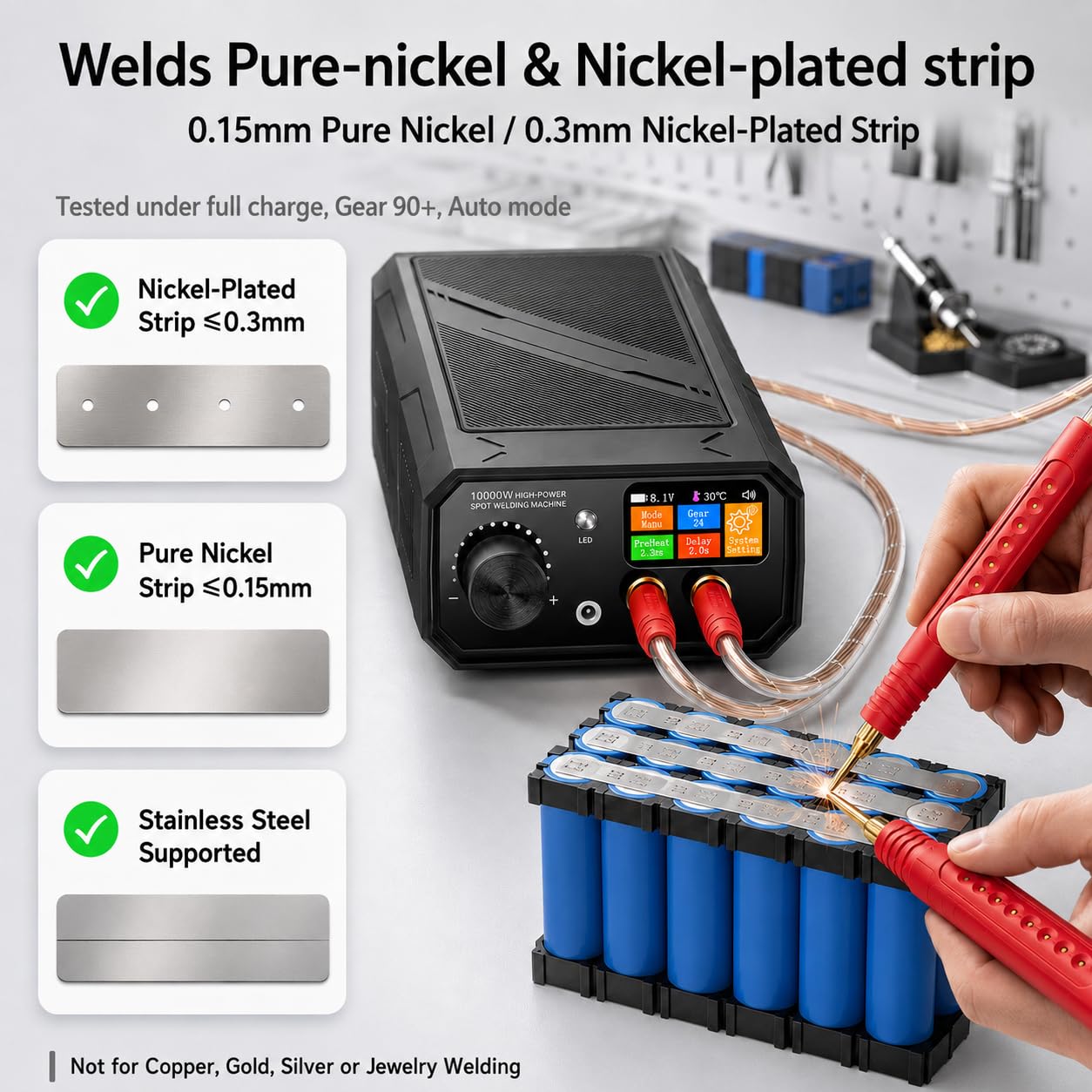 Soldadora por Puntos Portátil para Baterías, 10000W de Potencia Máxima, Batería Integrada de 10000mAh, Soldadora de Doble Pulso con 90 Niveles Ajustables, Modos Automático y Pedal