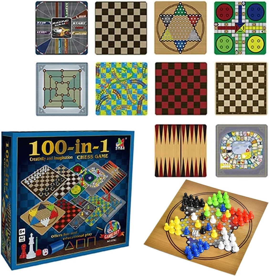 100-in-1 Classic Board Games Collection, Family Games Compendium with Chess, Draughts, Ludo, Snake and Ladders, Educational Play Set for Kids and Adults