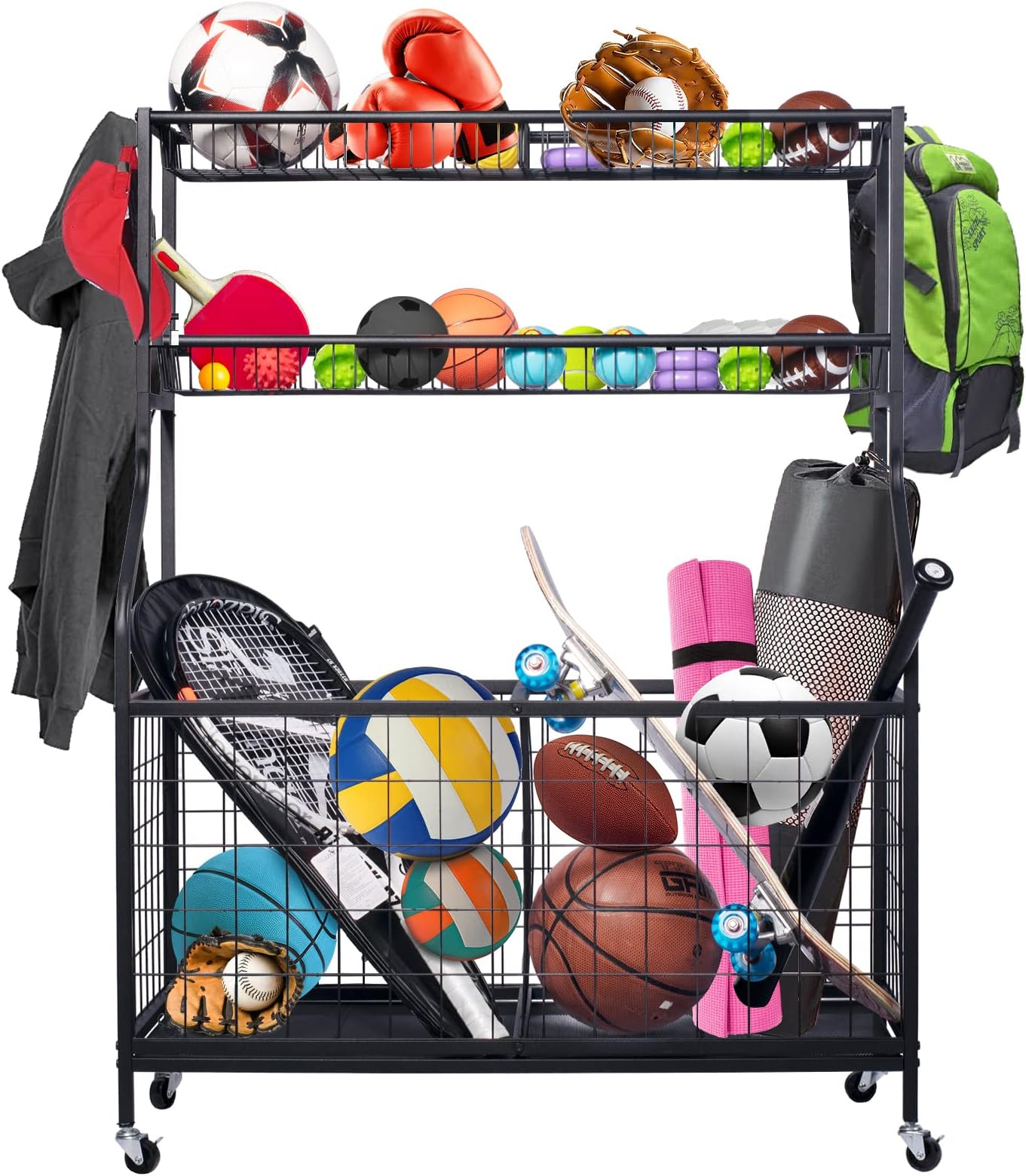 Oududianzi Sports Ball Storage, Garage Sports Equipment Organizer, Ball Holder with 2 Long Baskets, 2 Ball Cart and 4 Hooks, Rolling Ball Cart for Sports and Fitness Equipment