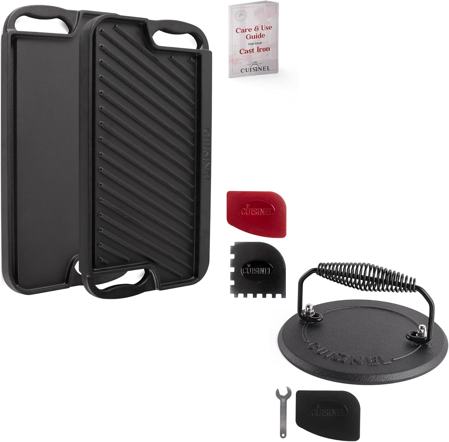 Cuisinel Cast Iron Griddle/Grill + Round Grill Press + Pan