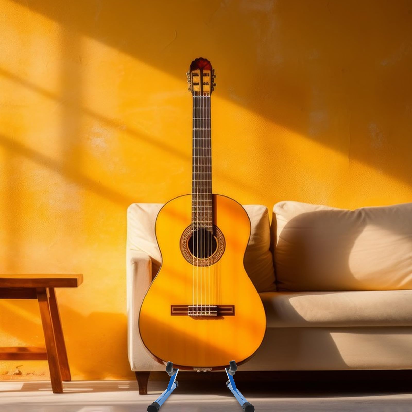 PRETYZOOM Supporto per Chitarra Singolo Pieghevole in Ferro Blu Resistente alla Deformazione Base in Gomma per Musicisti e Chitarre Acustiche e Bassi