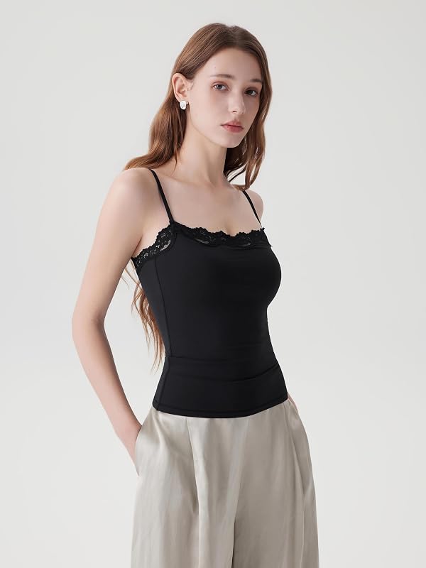 SUUKSESS Women Double Lined Lace Cami Tank Top Summer Padded Square Neck Going Out Tops Sleeveless Basic Shirts (Black, Medium) image 5