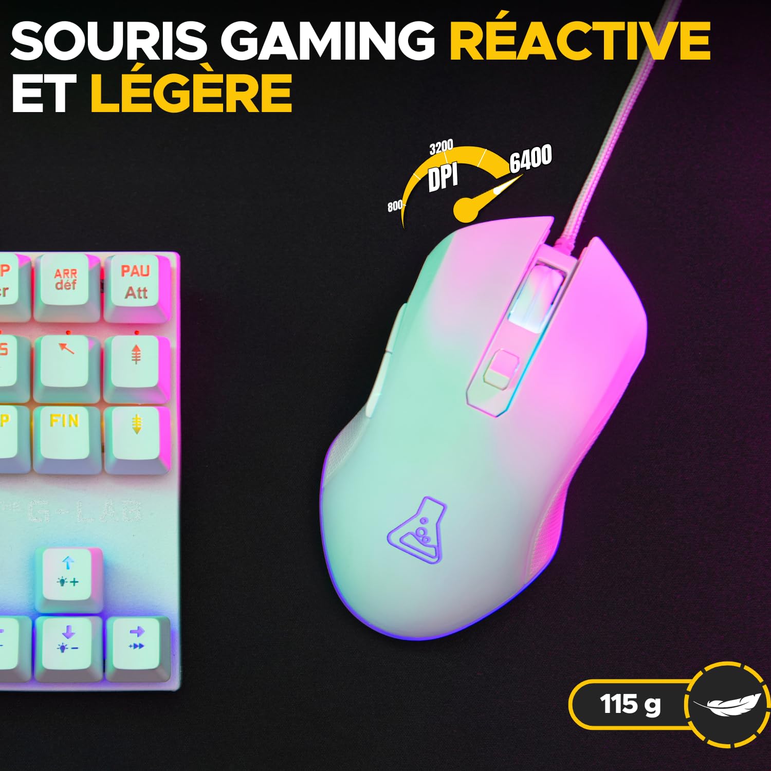 The G-Lab - Combo Hydrogen - Pack Clavier Souris Gamer, Clavier Gamer 60% Filaire, Rétroéclairage RGB, azerty, Format Compact + Souris Gaming RGB, 6 Boutons, 7200 DPI - PC/PS4/PS5 – Blanc