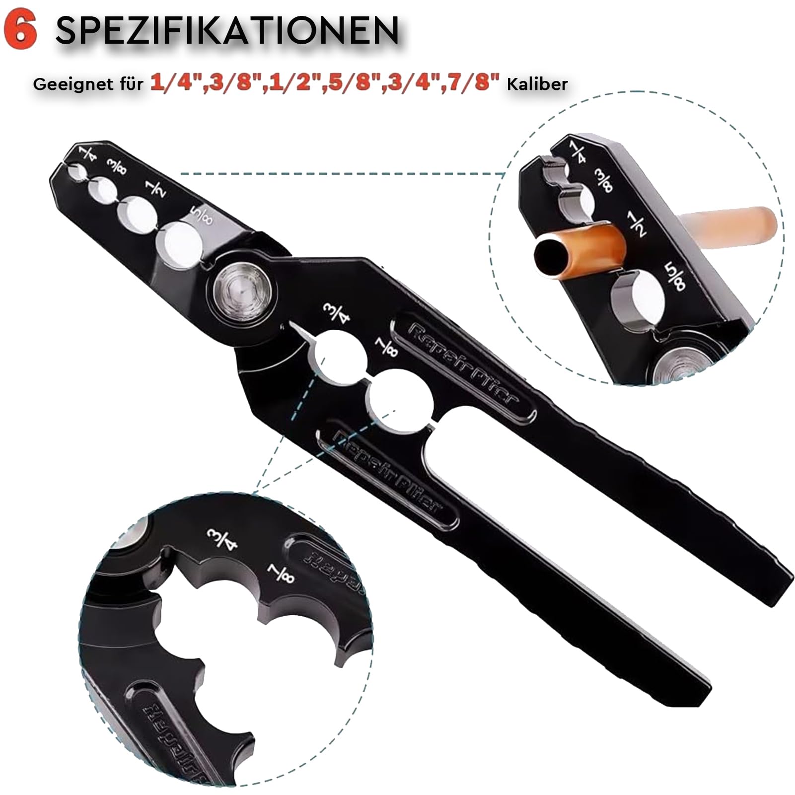 Pinza di riparazione per tubi di rame, strumento di riparazione manuale del tubo di rame con 6 fori per tubi in alluminio da 1/4", 3/8", 1/2", 5/8", 3/4" e 7/8"