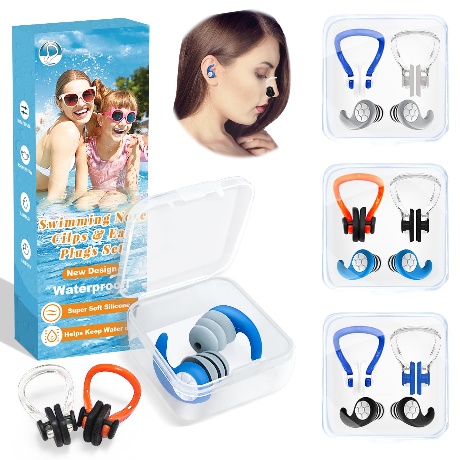 Swimming Nose Clip Ear Plugs - 9 Packs Silicone Swim Nose Plugs with Earplugs for Adult,Waterproof Pool Nose Plugs for Diving Surfing and Other Water Sports with Storage Box,Multi-Color