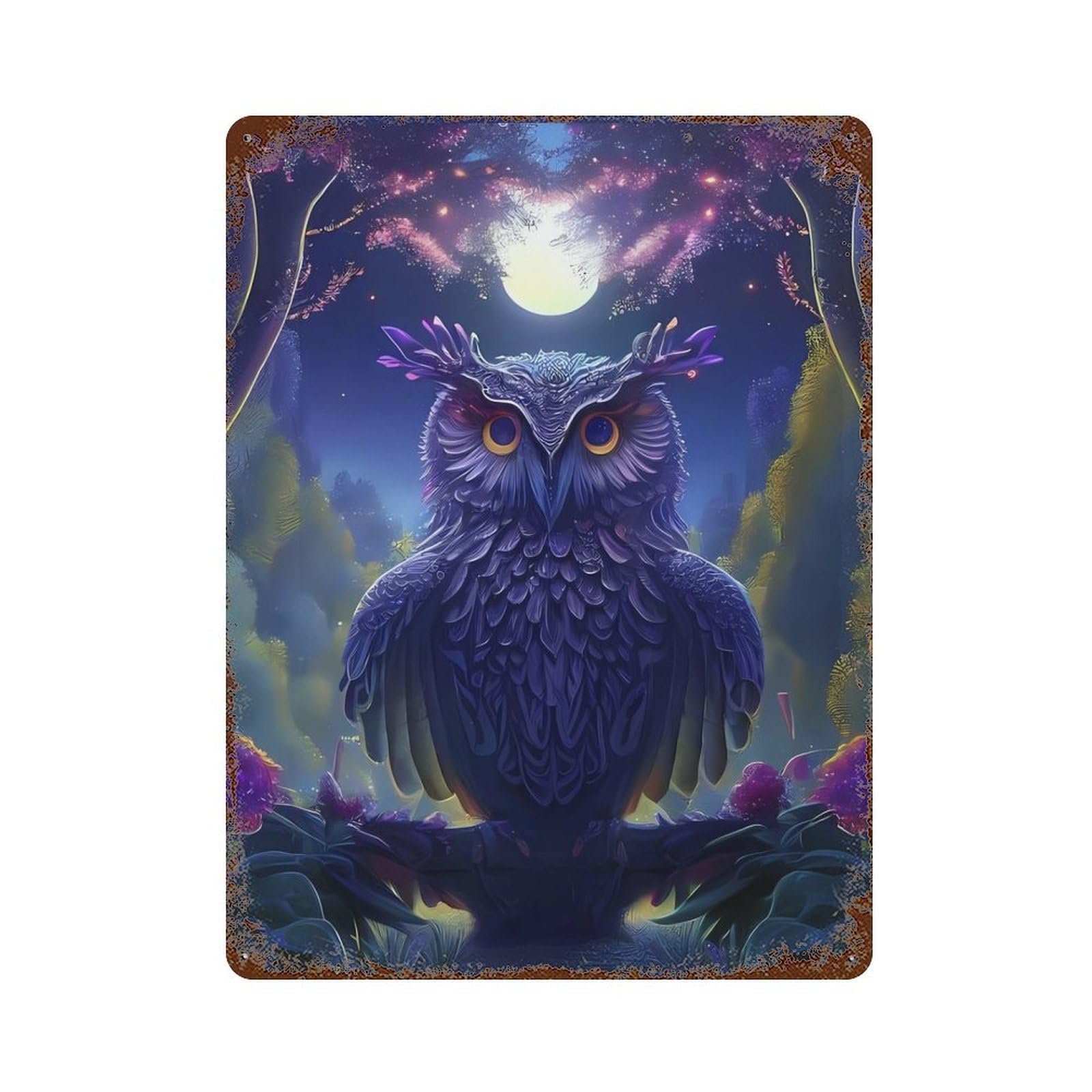 Garage Style Enchanted Forest Owl Night Rust Effect Tin Sign 15.7"x11.8", Classic Wall Plaque for Bar And Workshop