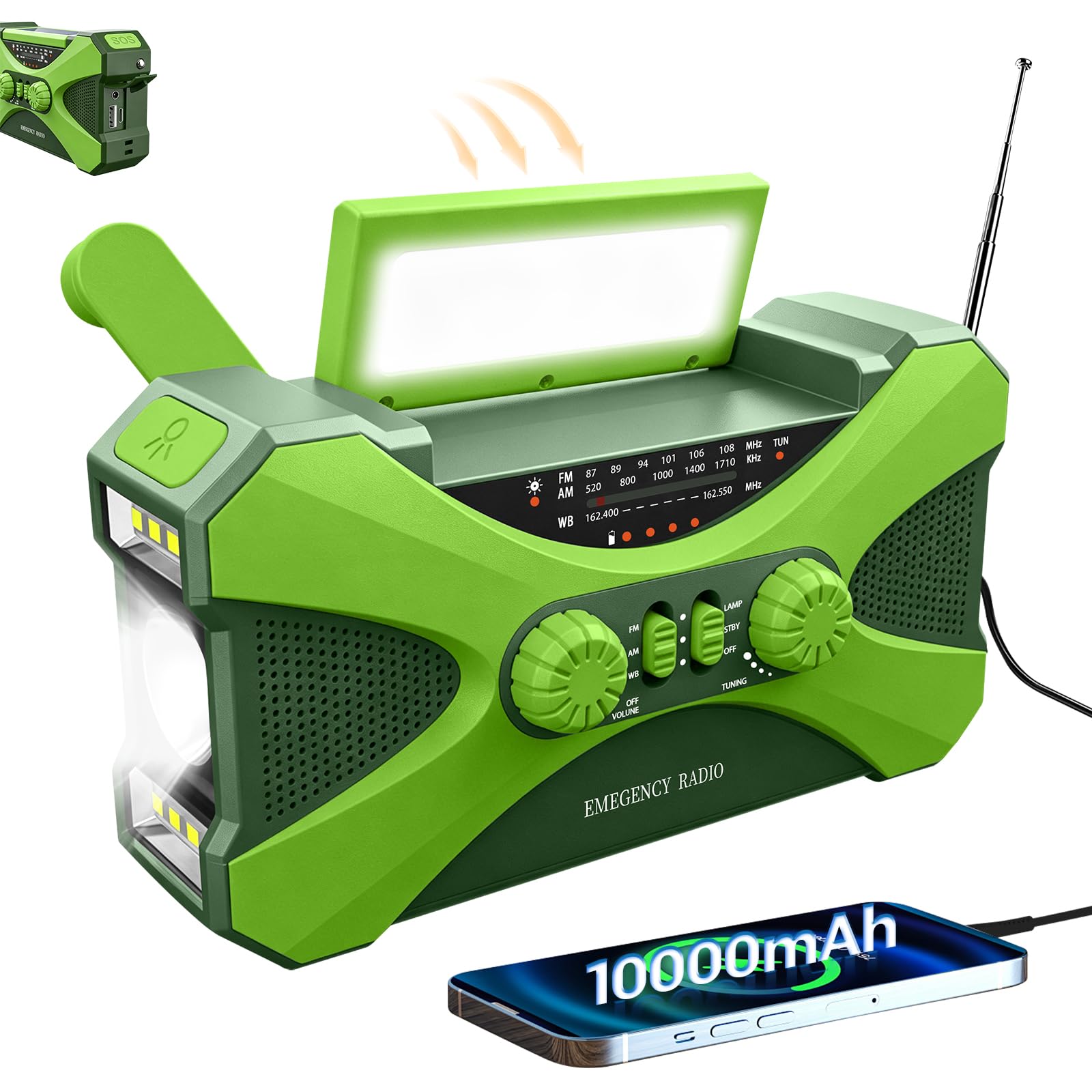 Radio Manivela Solar Emergencia, Emergencia Portátil, Manivela Solar Am/FM, Batería Power Bank 10000mAh, Radio de Supervivencia con Manivela, Linterna, Alarma SOS (Verde)