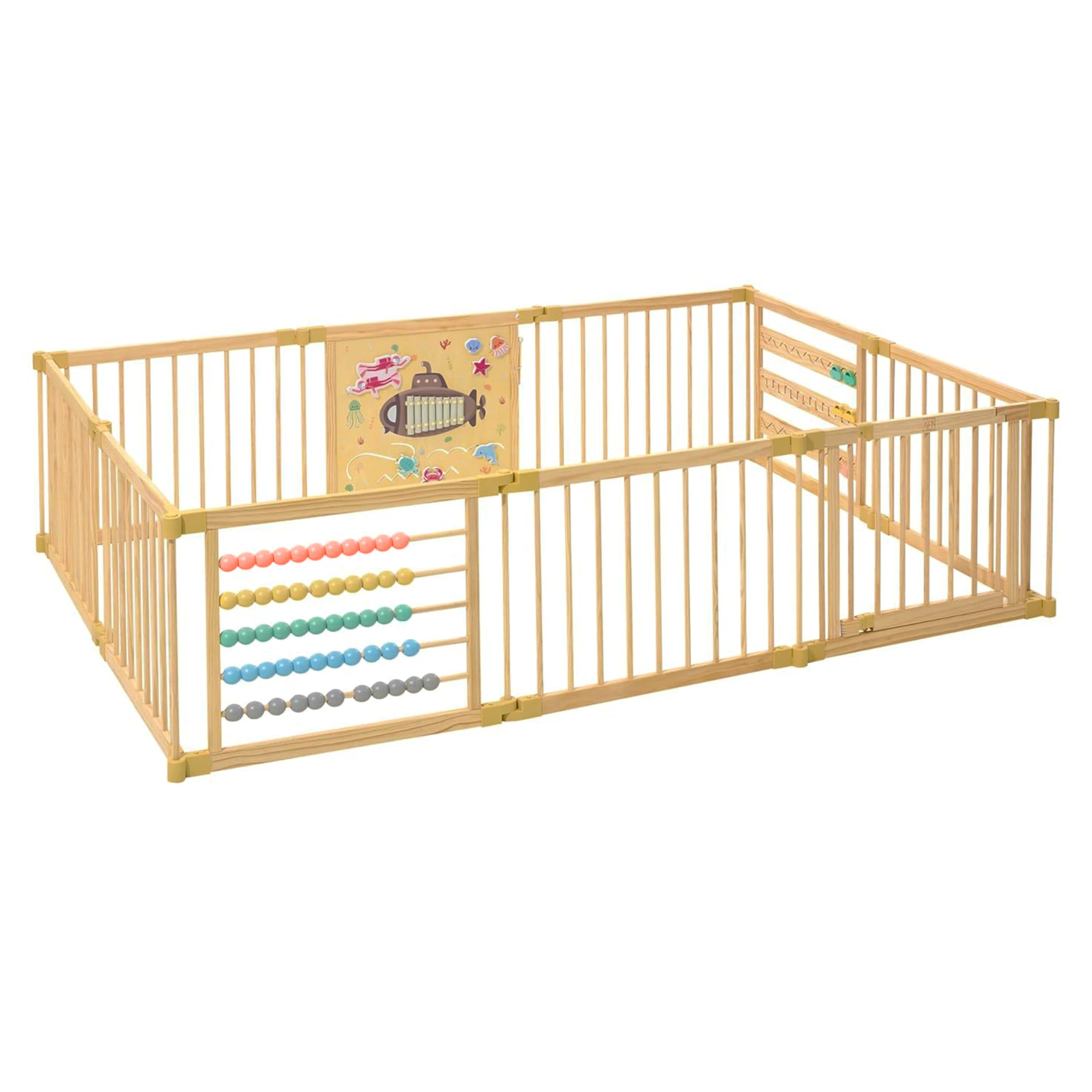 Wooden Playpen Extra Large for Toddlers and Babies - Under The Sea Theme Toy Design - (8/10) Wood Panels - Foldable and Adjustable Baby playpen -