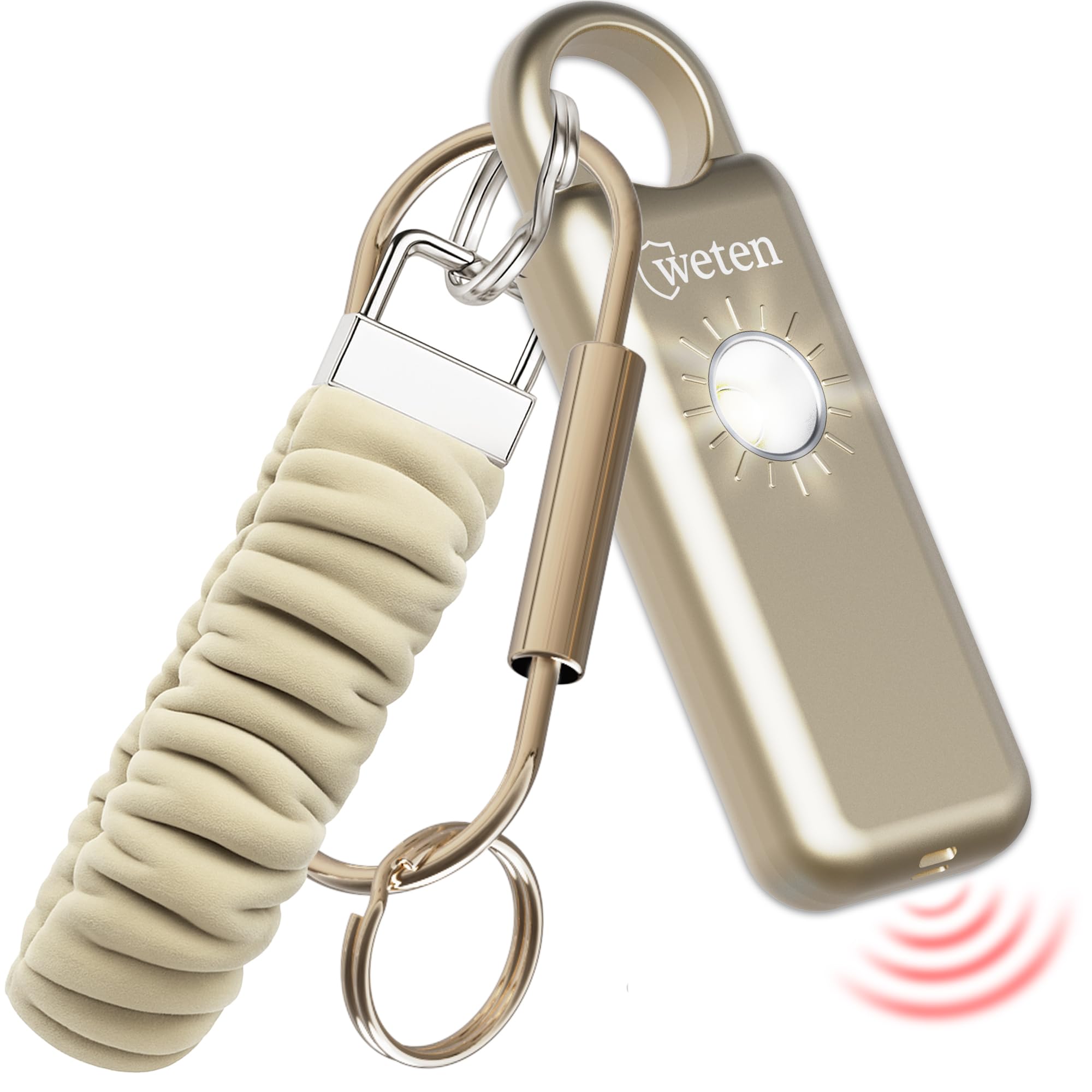 Weten Portachiavi con allarme di sicurezza personale, sirena da 130 dB con altoparlante inferiore, luce LED, cinturino da polso e moschettone a clip, allarme autodifesa resistente alle intemperie con