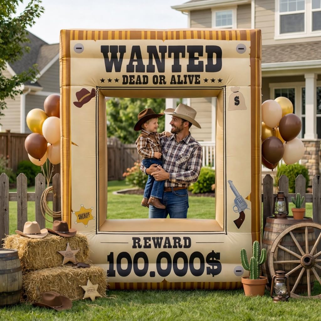 Photo 1 of **FACTORY SEALED**  Western Party Decorations 7FT Inflatable Wanted Poster Frame, Rodeo Party Decorations, Wild West Party Backdrop with Western Photo Booth Props for Cowboy Birthday Party