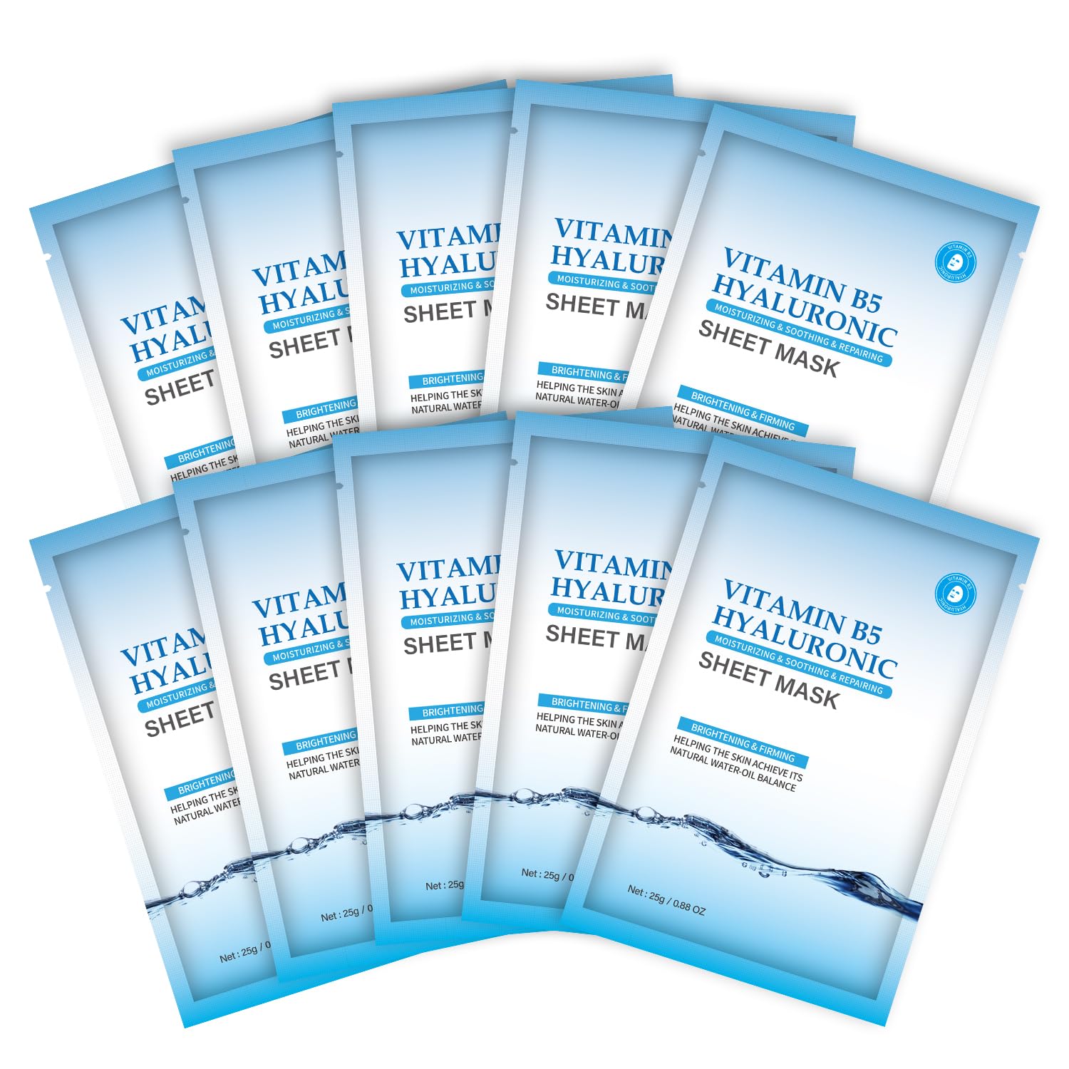 Pack of 10 Hyaluronic Acid Face Masks Skincare, Daily Care Face Sheet Mask Hydrating Deep Moisturizing Facial Mask for All Skin Types Beauty Face Mask for Smoothing and Rejuvenating