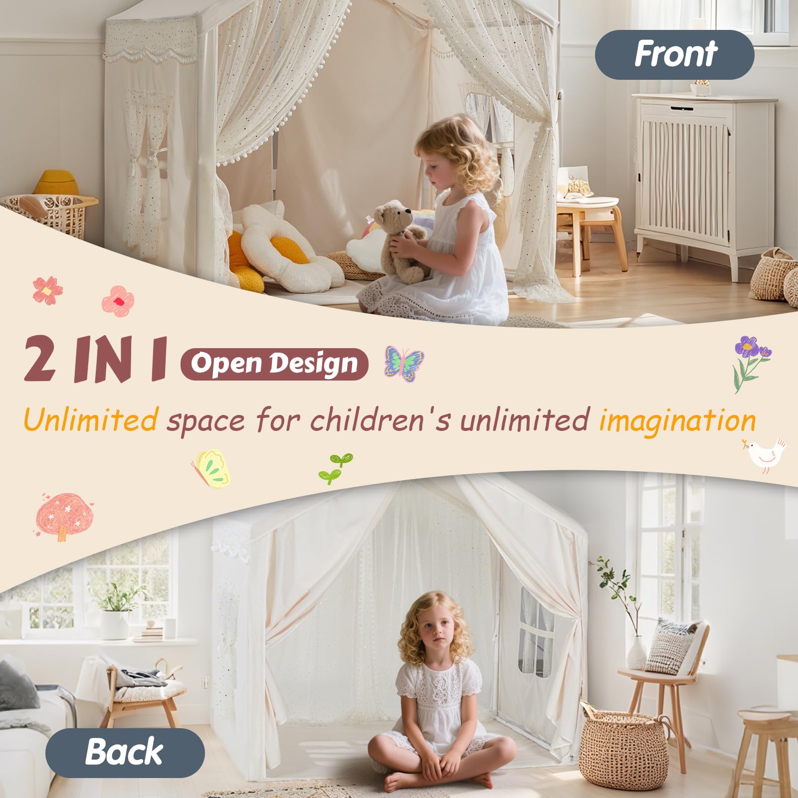 Kids Play Tent, Play Tent for Toddlers Age 3-12, Indoor Playhouse with Carry Bag, Safe PVC Frame & Breathable Cotton Canvas - Image 2