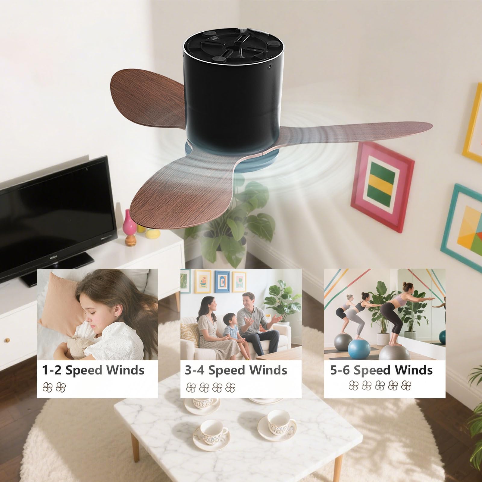 Ventilatore da soffitto senza luce Piccolo ventilatore da soffitto moderno con telecomando 6 velocità ventilatore da soffitto senza luci per ristorante camera da letto Patio (25 pollici)