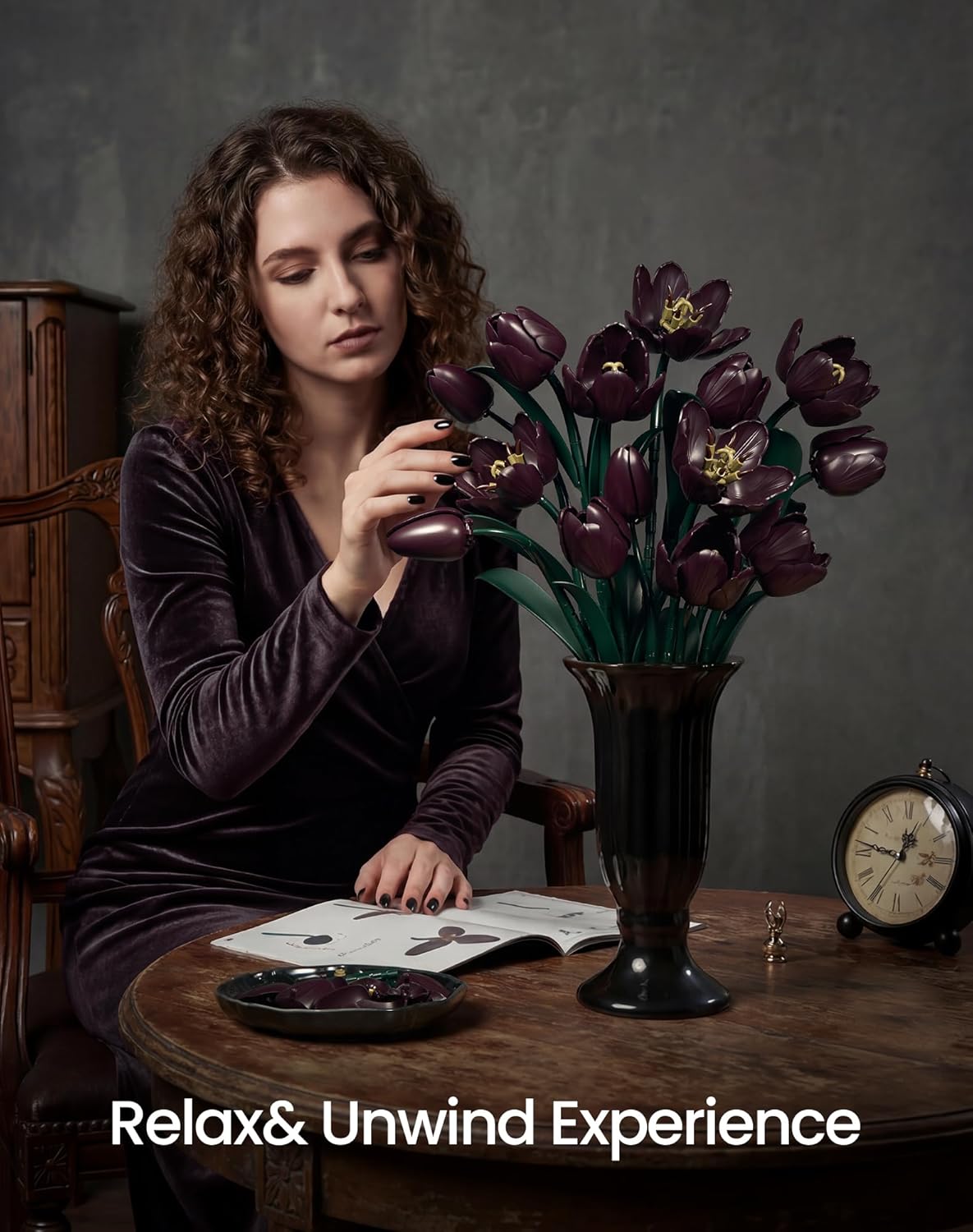 Dark Purple Tulip Flowers Building Set, Gift for Mother's Day, Artificial Plant Bouquet Botanical Collection Building Kit, Home Room Table Decoration Blocks Toys for Adult Women Girlfriend