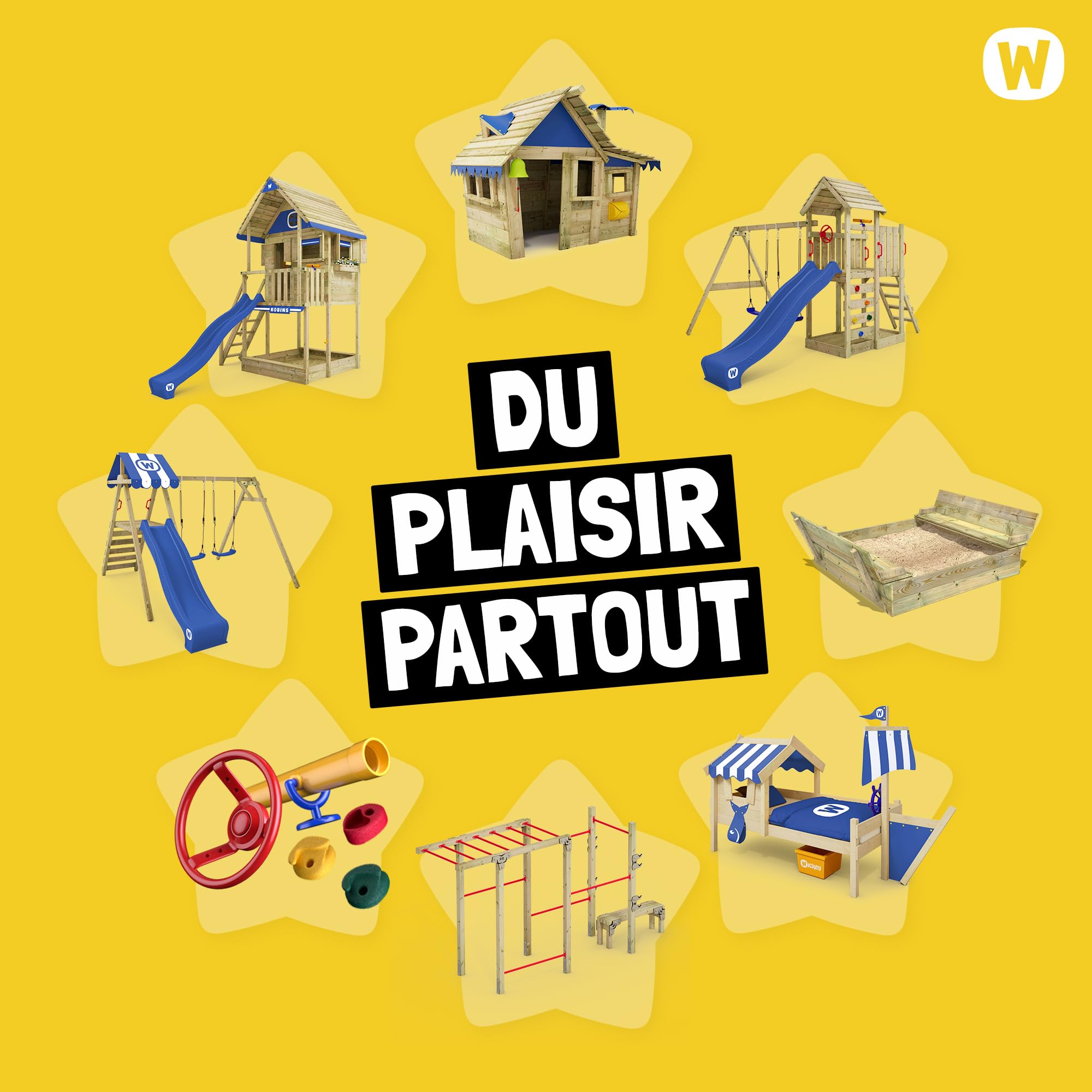 WICKEY Aire de Jeux Smart Camp portique en Bois avec balançoire et Toboggan Bleu, Tour d'escalade pour Enfants avec bac à Sable, échelle et Accessoires de Jeu pour Le Jardin.
