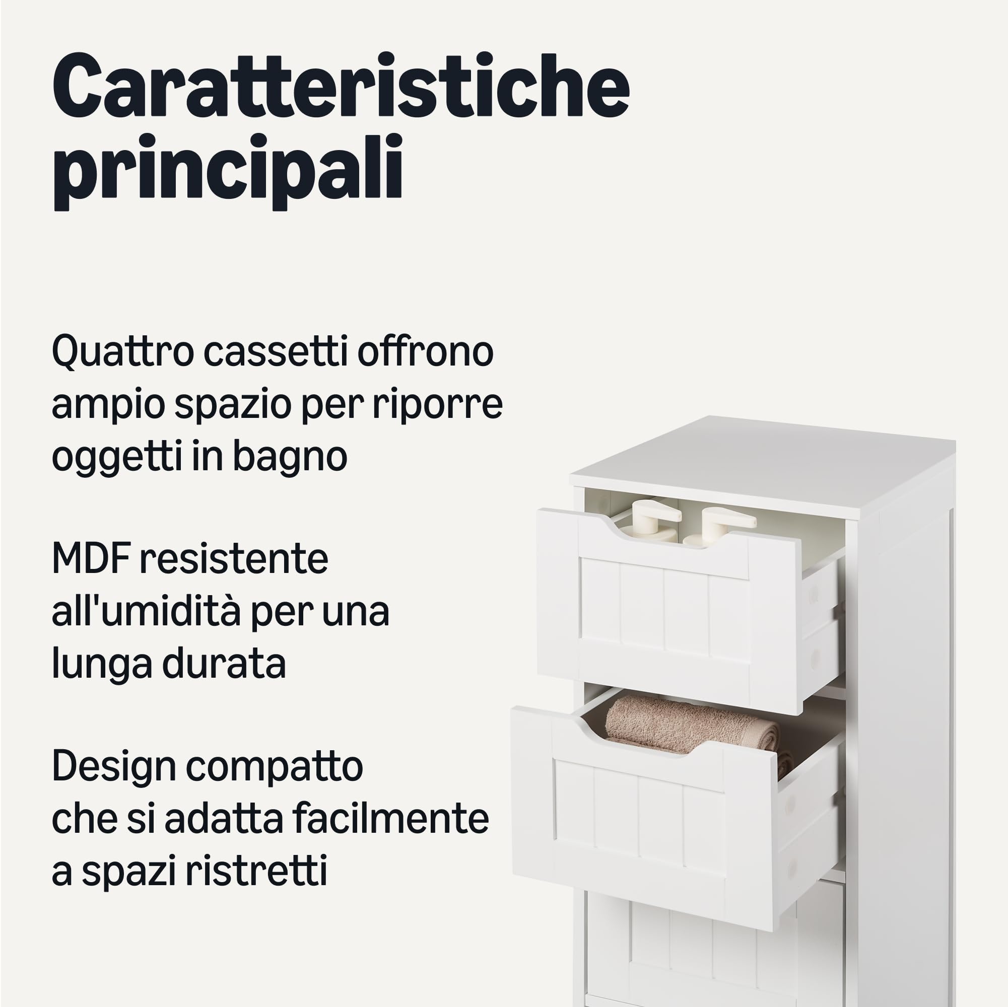 Amazon Basics Mobile da Bagno con 4 Cassetti, Mobile Sottolavabo, Struttura in MDF, Bianco, 30cm x 30cm x 82cm