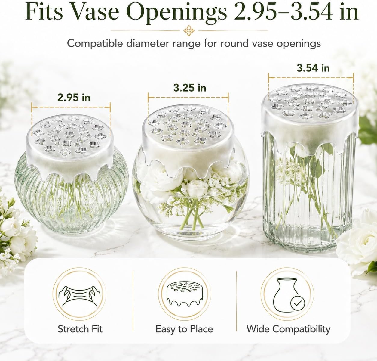 Silicone Flower Arranging Grid, Reusable Floral Grid for Vases, Stretchy Vase Buddy Reusable Silicone Flower Support for Round and Square Vases (3Pcs White)