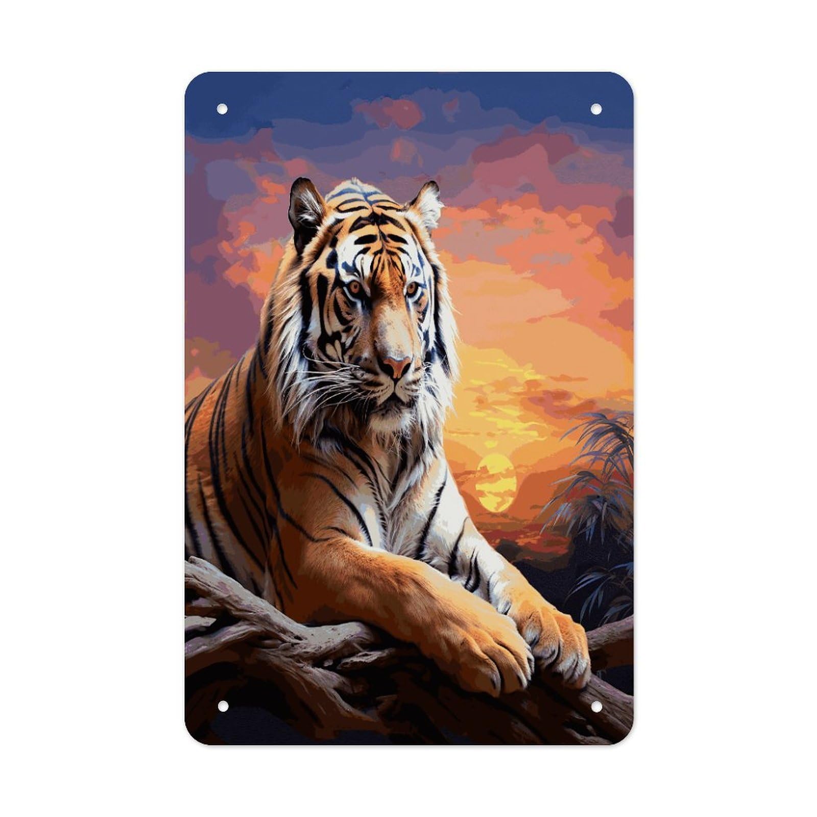 LDGSUPH Tiger Colorful Sunset Wall Art Prints Folded Edge Iron Sheet Painting with Holes for Wall Prints Decorative Picture Metal Signboard Decor Painting for Outdoor Indoor Wall Decor