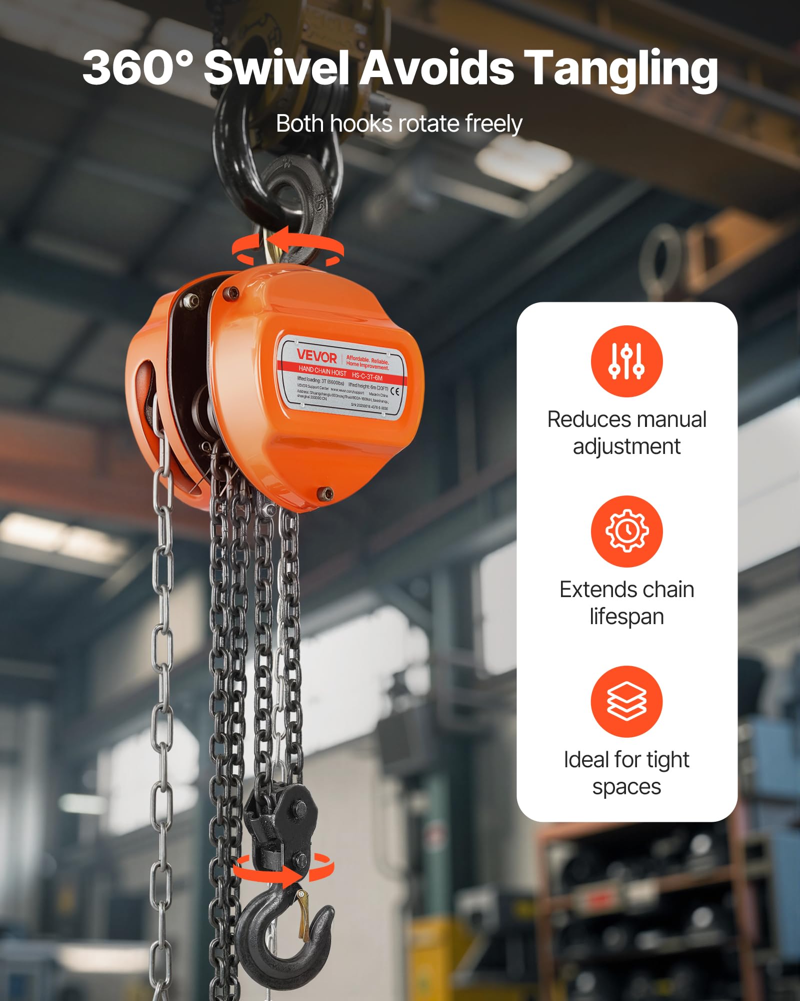 VEVOR Polipasto de Cadena Manual, Polipasto de Polea Resistente con Cadena Galvanizada G80 Mejorada, Altura de Elevación de 6 m Carga de 3 T para Garaje, Almacén y Maquinaria Automotriz, Naranja