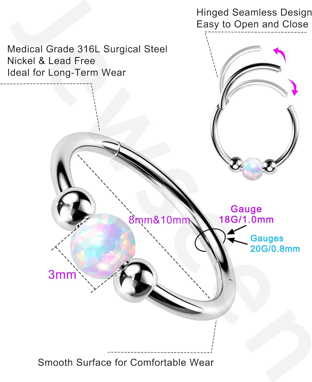 Jewseen 2PCS 316L Surgical Steel Nose Rings Hoop 18g 20g Opal Nose Rings for Women Septum Rings 8mm/10mm Nose Piercing Jewelry Cartilage Earring - Image 4