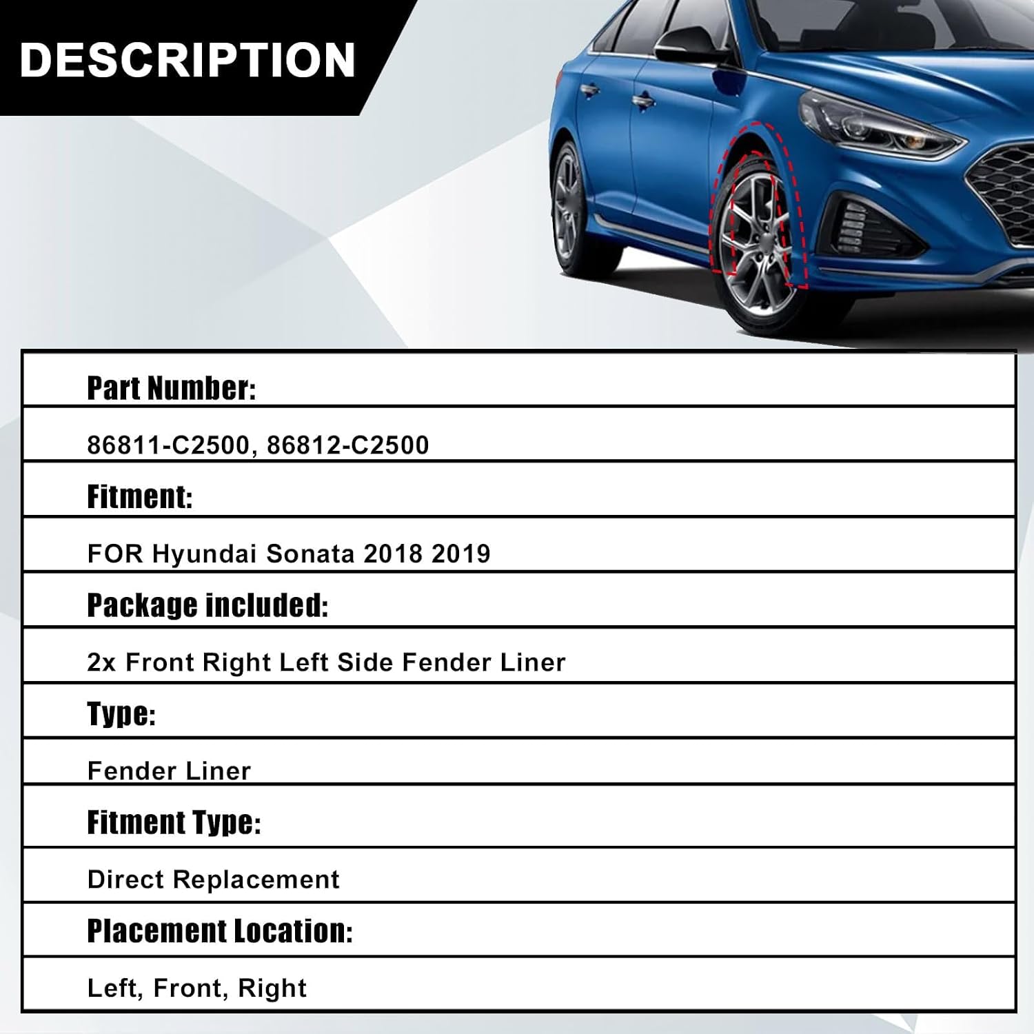 SecosAutoparts 2PCS Front Fender Liner Left & Right Compatible with Hyundai Sonata 2018 2019 Replace# 86812C2500 86811C2500