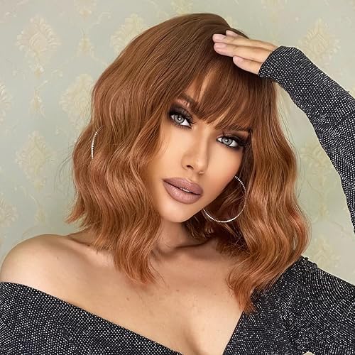 testar Auburn - Pelucas de cobre con flequillo para mujer, pelucas cortas de color naranja y marrón, pelucas onduladas con flequillo, pelucas