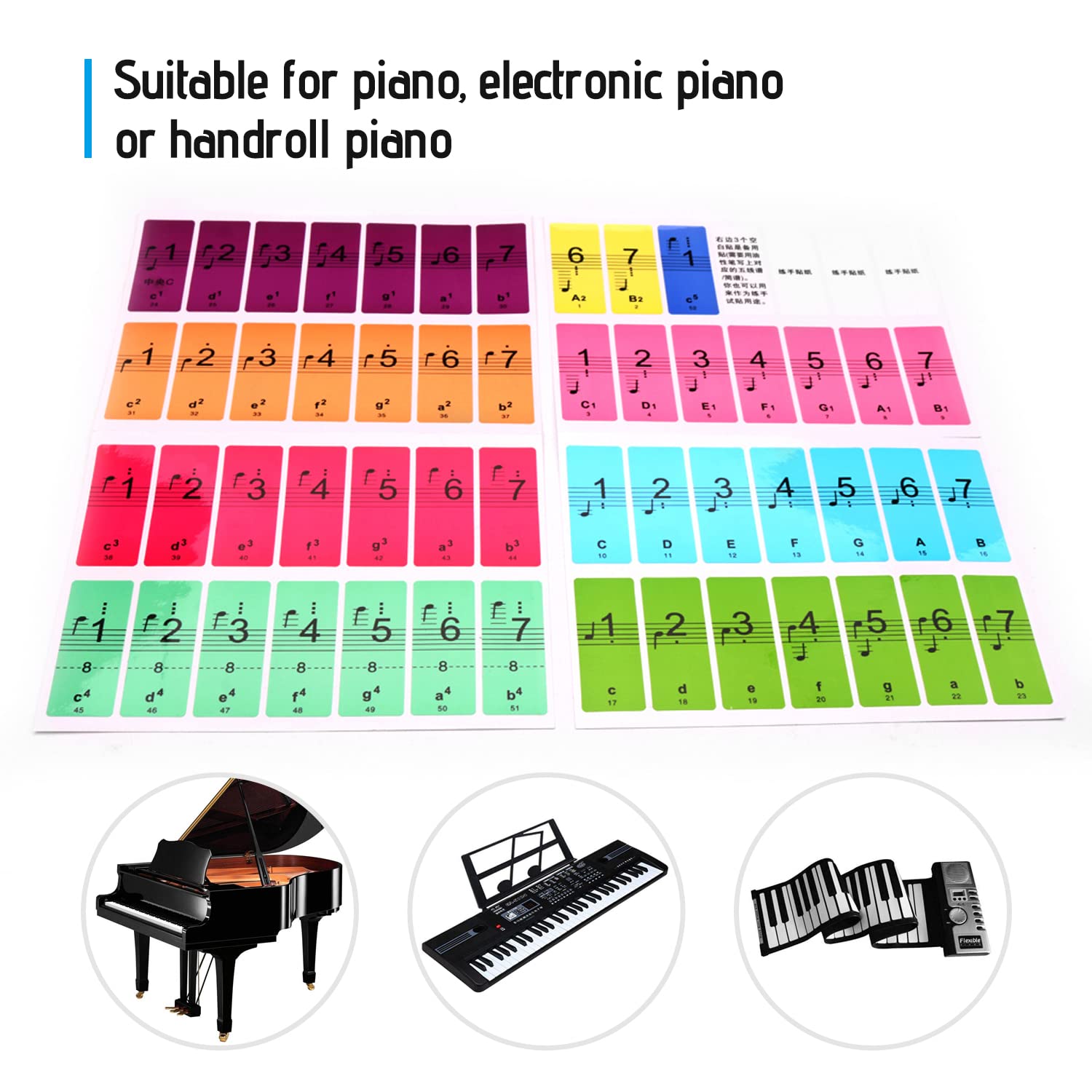Autocollants de Touches de Clavier de Piano pour débutants pour 88/61/54 Touches Piano