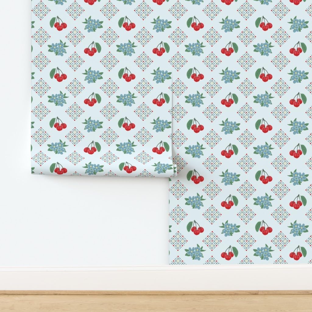 Peel & Stick Wallpaper 9ft x 2ft - Style Kitchen Cherry Blue Large Print 1940S Light Red Custom Removable Wallpaper by Spoonflower