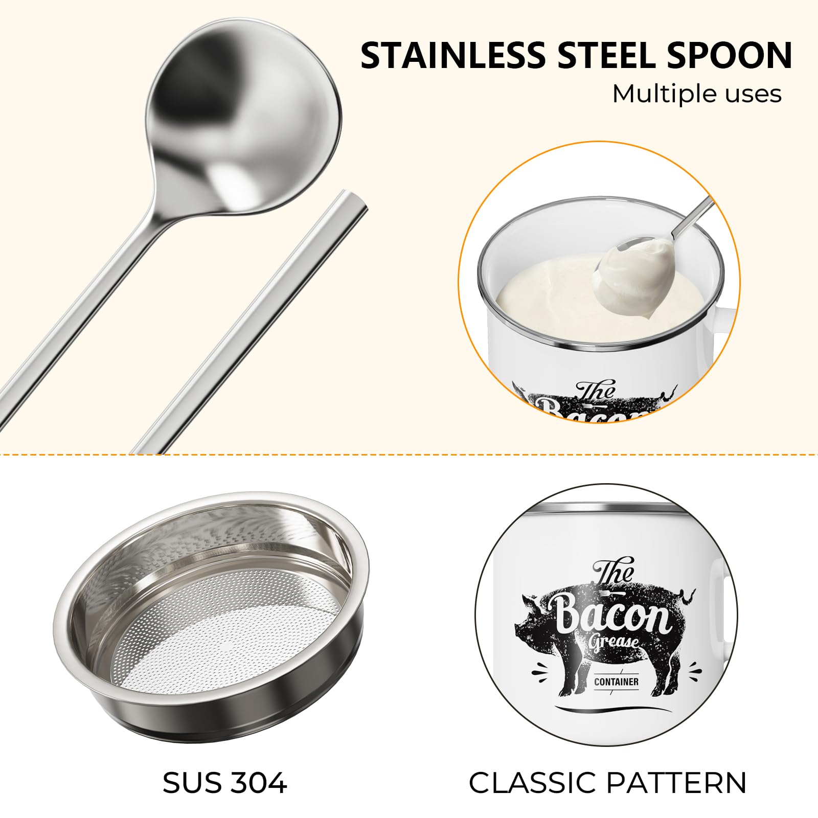 PGYARD Contenitore Per Grasso Da Cucina Con Colino In Acciaio Inox, 425g, Bianco Smaltato, Lavabile In Lavastoviglie - 2