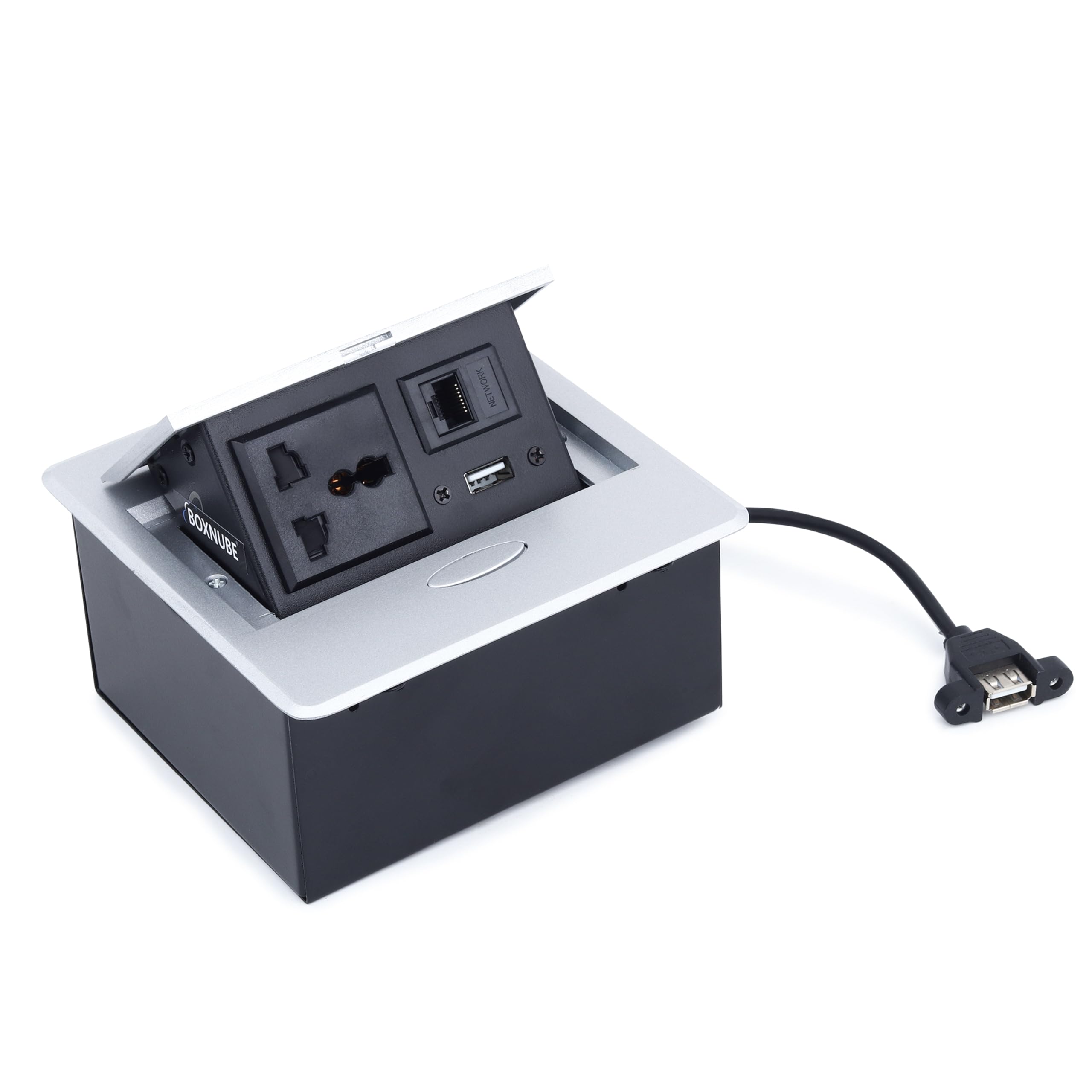 BOXNUBE Hydraulic Pop UP Box Cable Cubby Square Extension Board with 1 x Universal Power Sockets, 1 x Ethernet/LAN, 1 x USB Type A Ports (Silver)-image-10