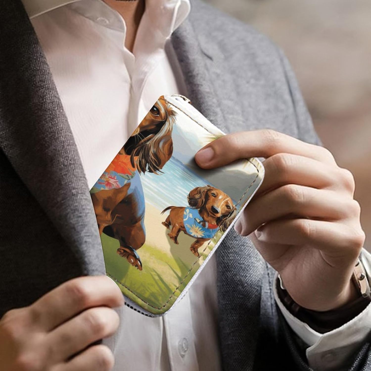 Dachshund Tropical Painting Art Card Holder RFID Blocking,Credit Card Wallet for Women And Men,Card Case Organizer Bag with Zipper