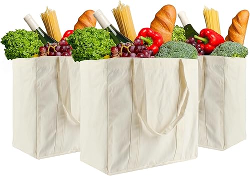 Miniatura 6 de 3 bolsas de comestibles de lona de 13.3 x 13 x 8 pulgadas, bolsas de compras reutilizables con bolsillos reales, correa de hombro larga y