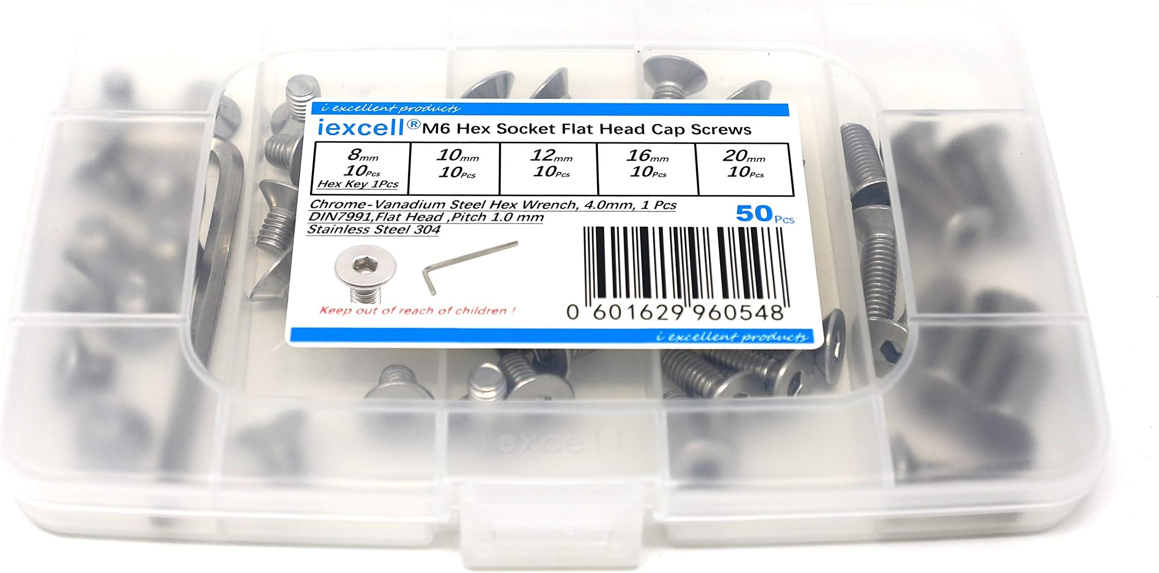 iexcell 50 Pcs M6 x 8/10/12/16/20 Stainless Steel 304 Hex Socket Flat Head Cap Screws Bolts Assortment