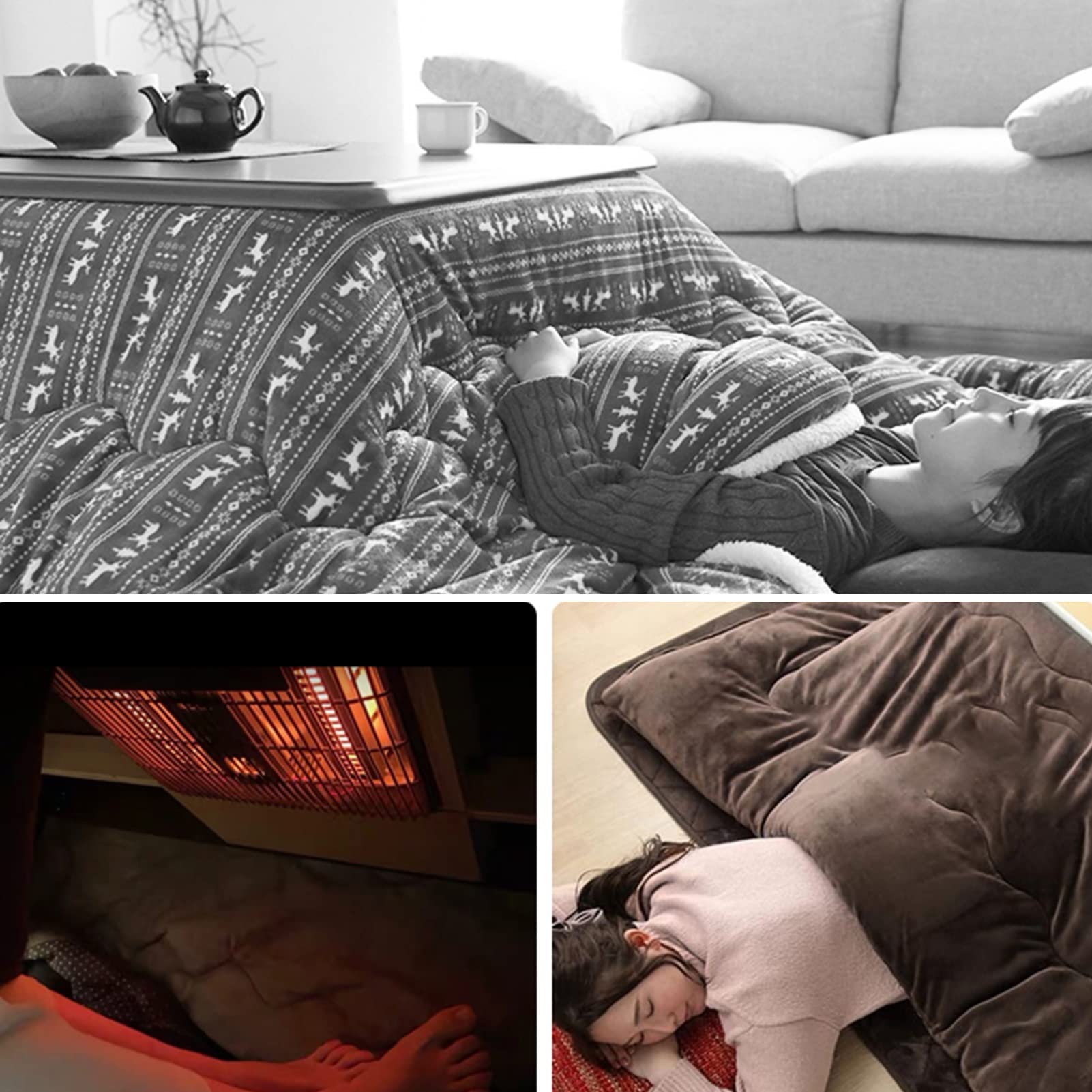 Stół grzewczy Stół z piecem Tatami Zestaw stołowy z ogrzewaniem Okno wykuszowe Stolik kawowo-herbaciany Stół grzewczy + kołdra + dywan + grzejnik，F-120x80x45cm