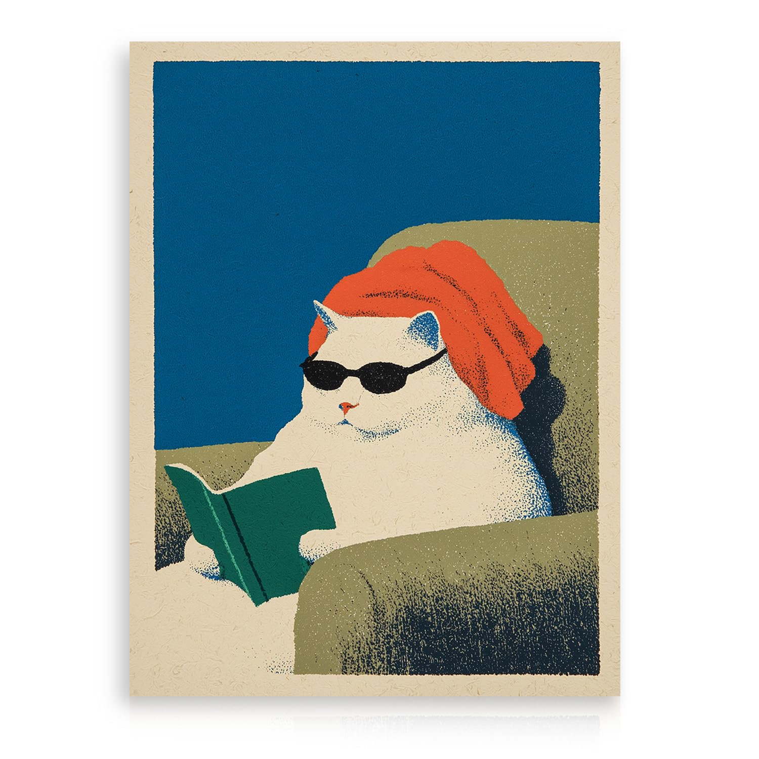 Dazzlewall Retro Cat Poster, White Cat with Sunglasses Reading Book Canvas Wall Art for Bedroom Living Room Decor 12x16 in Unframed