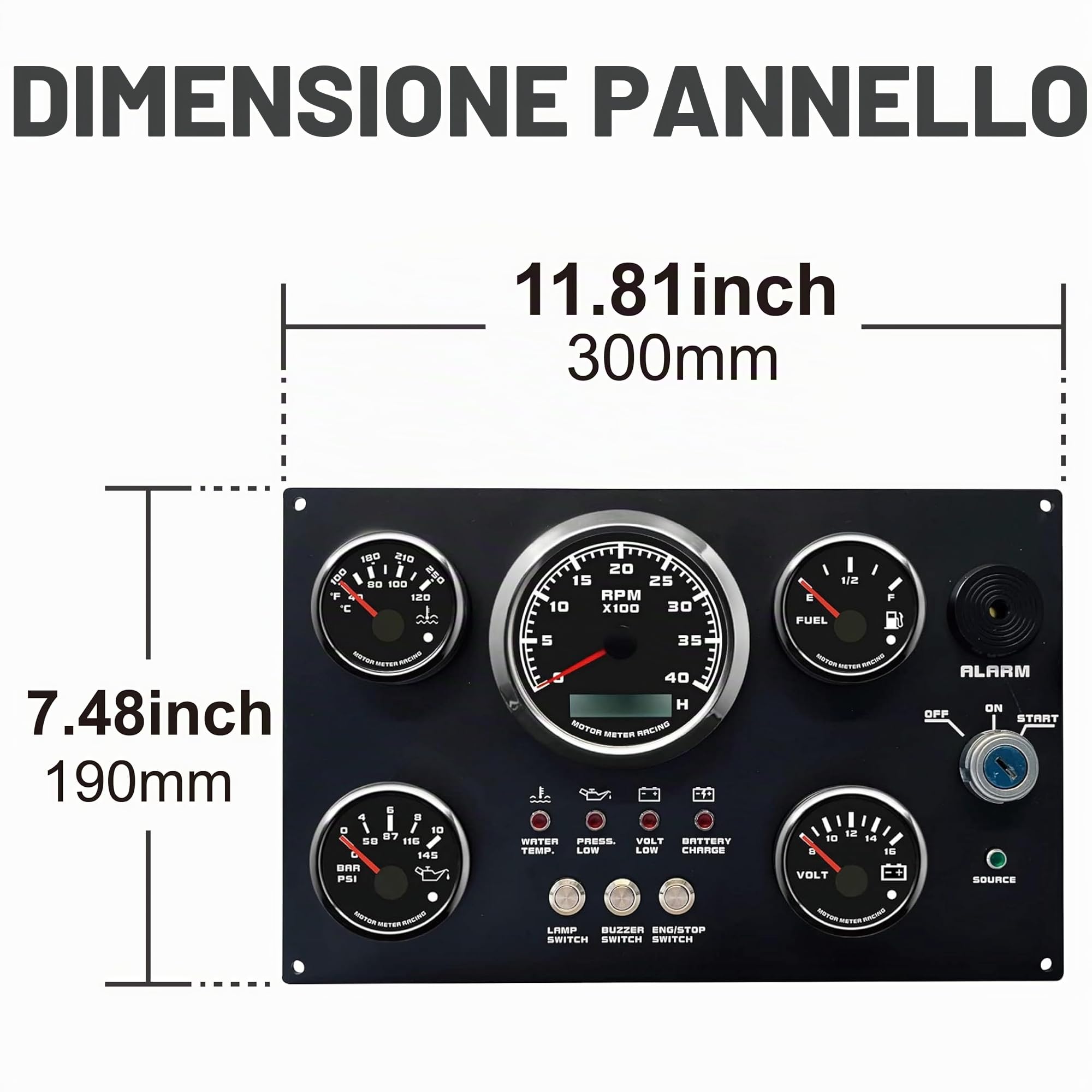 MOTOR METER RACING W Pro Electrical 5 Gauge Set w/strumentazione,3-3/8" 85mm tachimetro,2-1/16" 52mm tensione, livello carburante, temperatura acqua e manometro olio,per barca, yacht,quadrante nero