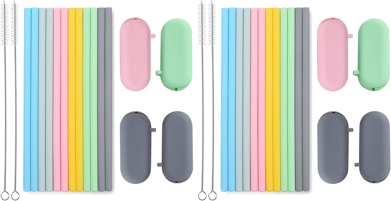 Sunseeke Silicone Straws Reusable - Odorless, 12 Standard Drinking Straws, 4 Carry Pouch, 2 Cleaning Brushes, Certificated Food Grade Platinum Silicone - 8 1/2" Long