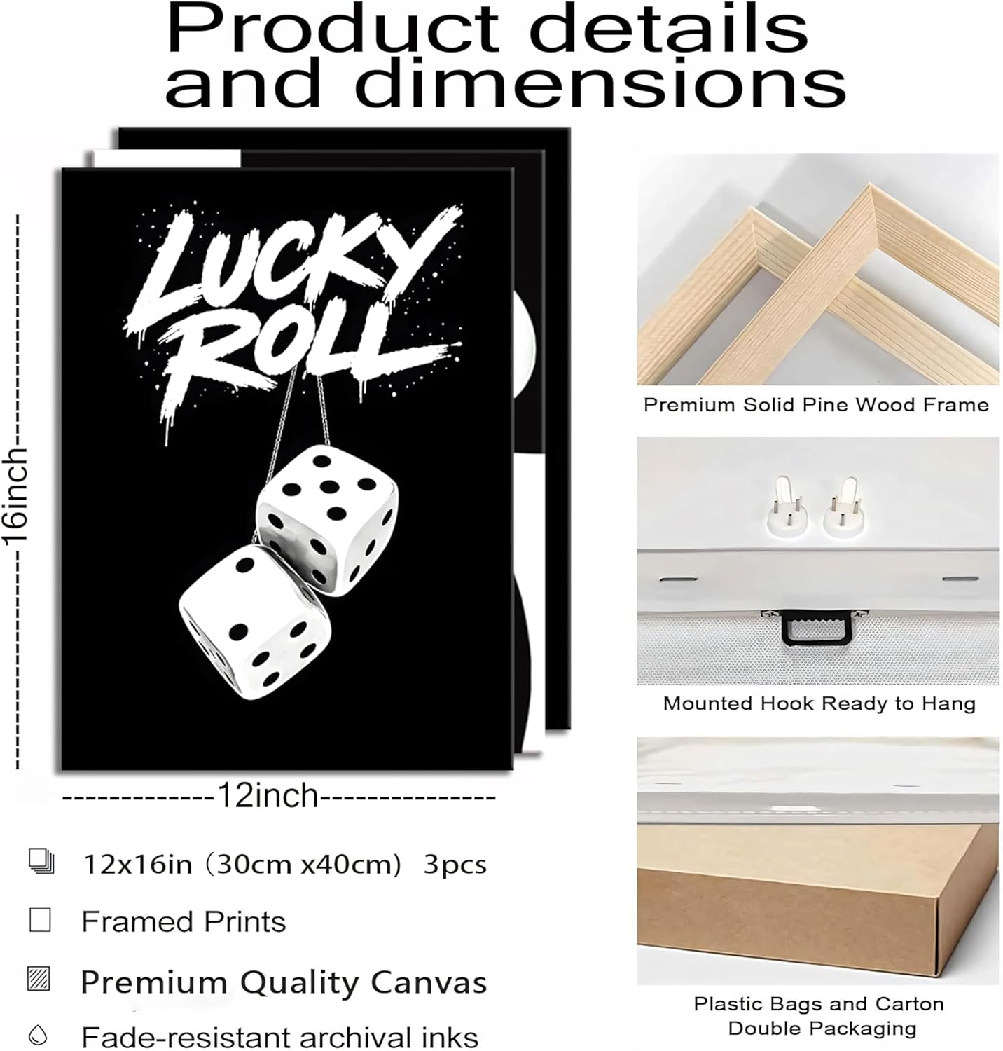 Framed Black and White Poker Dice Wall Art Set of 3, Lucky Roll 8 Ball Canvas Wall Decor, Minimalist Y2K Game Room Artwork with Playing Cards Poster for Men Boys Dorm Bedroom Apartment Bar 12x16 In