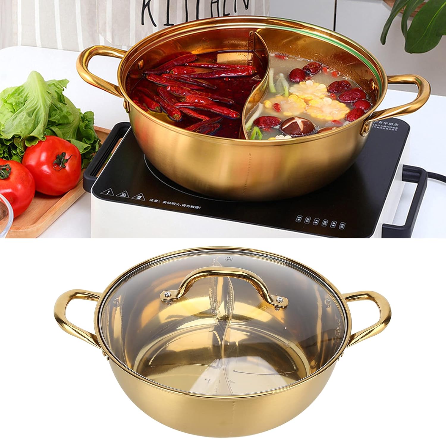 Hot Pot, 12 Inch Stainless Steel Divided Hot Pot, Chinese Shabu Shabu Pot with Divider and Lid, Dual Sided Soup Cookware for Induction Cooktop/Gas Stove, Home Party Mandarin Duck Pot(gold)