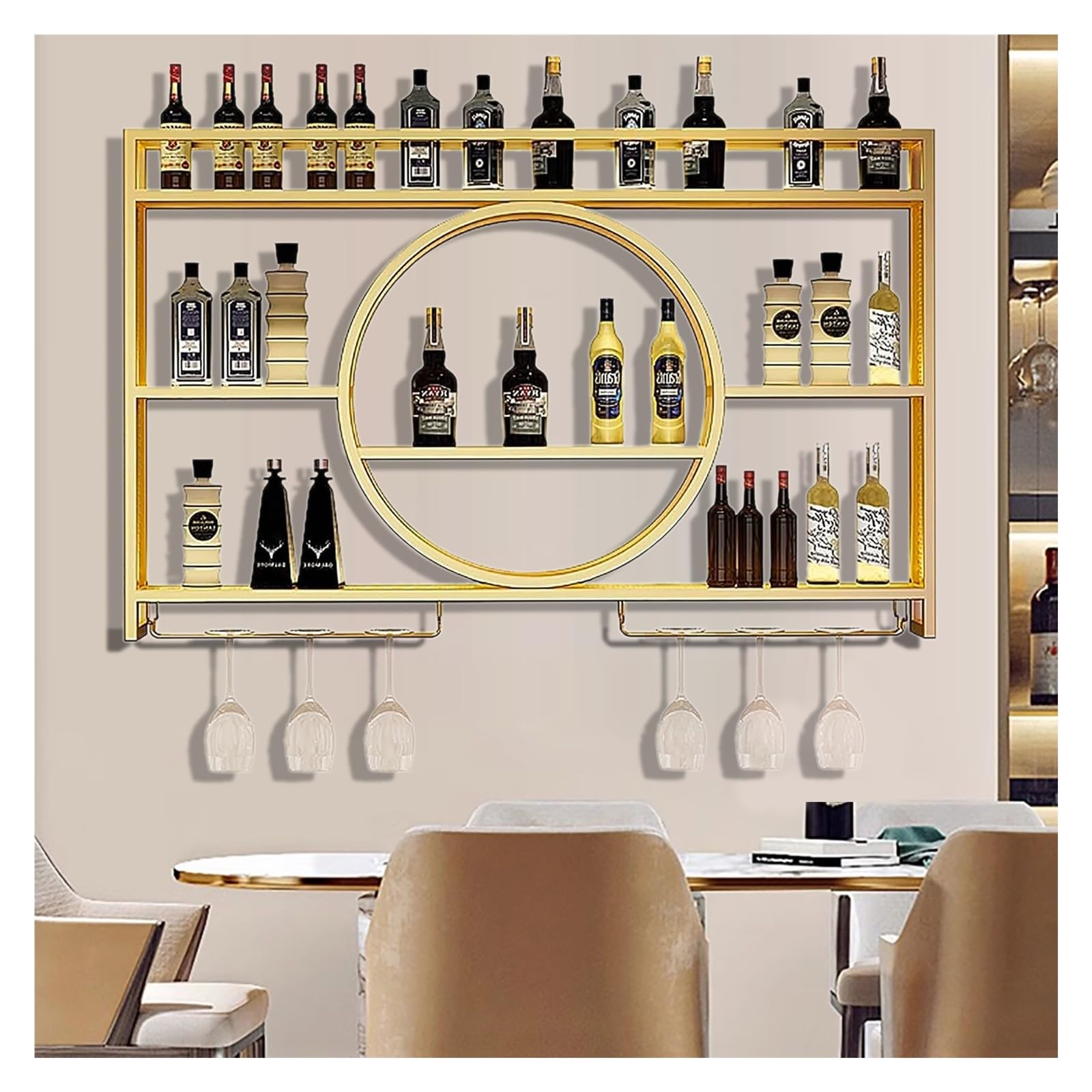 Casier à vin en métal mural avec étagère à liqueur suspendue et support de verres